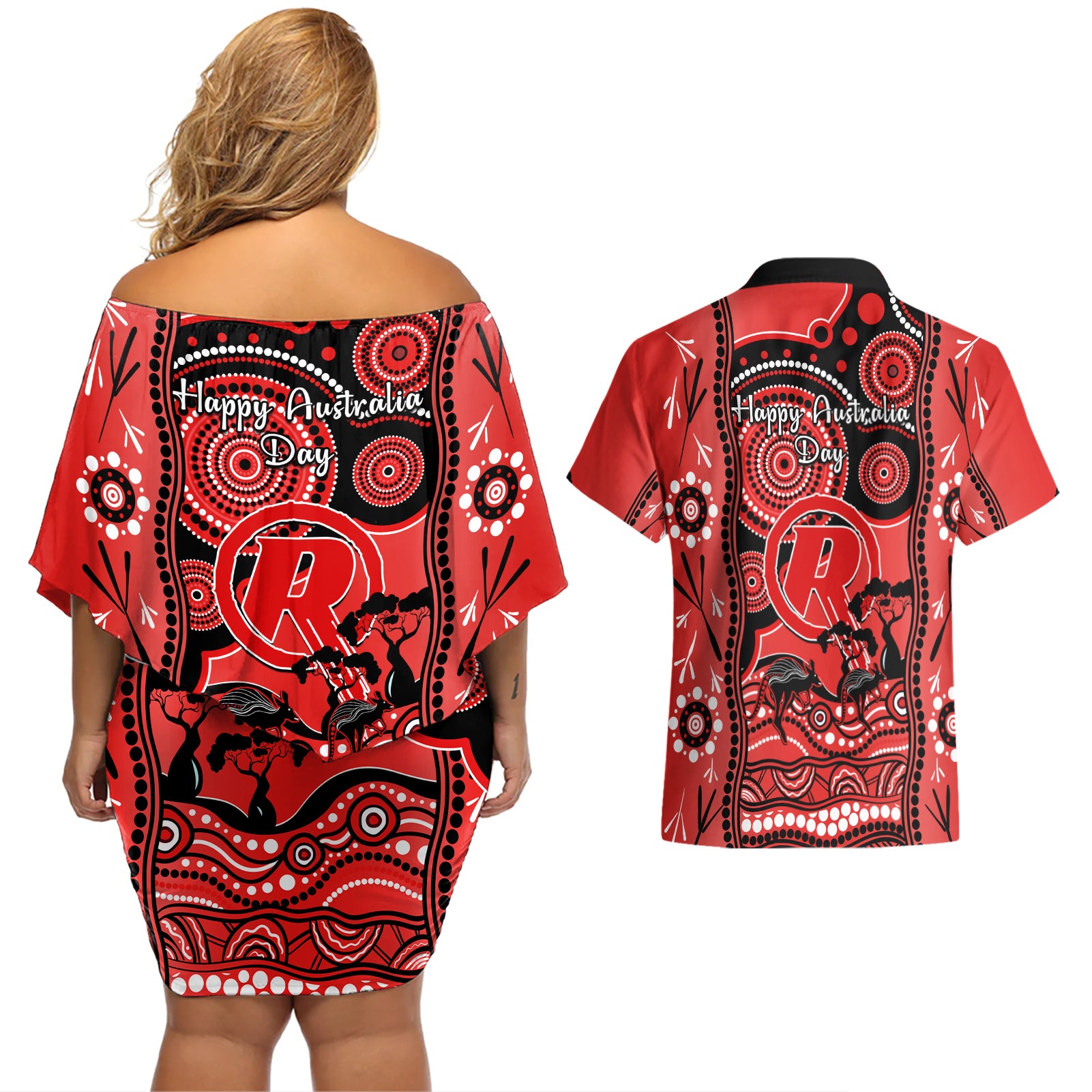 melbourne-renegades-cricket-couples-matching-off-shoulder-short-dress-and-hawaiian-shirt-happy-australia-day-aboriginal-art