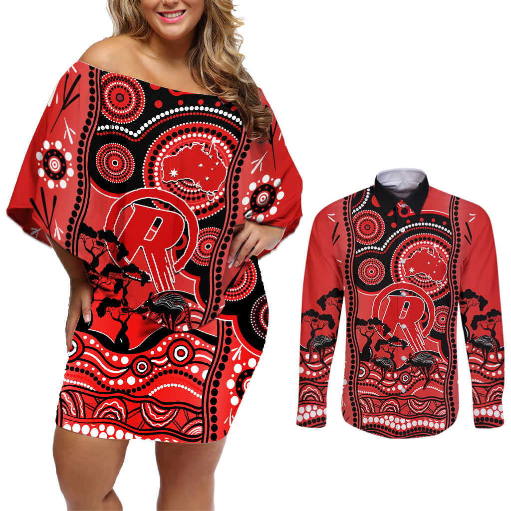 melbourne-renegades-cricket-couples-matching-off-shoulder-short-dress-and-long-sleeve-button-shirt-happy-australia-day-aboriginal-art