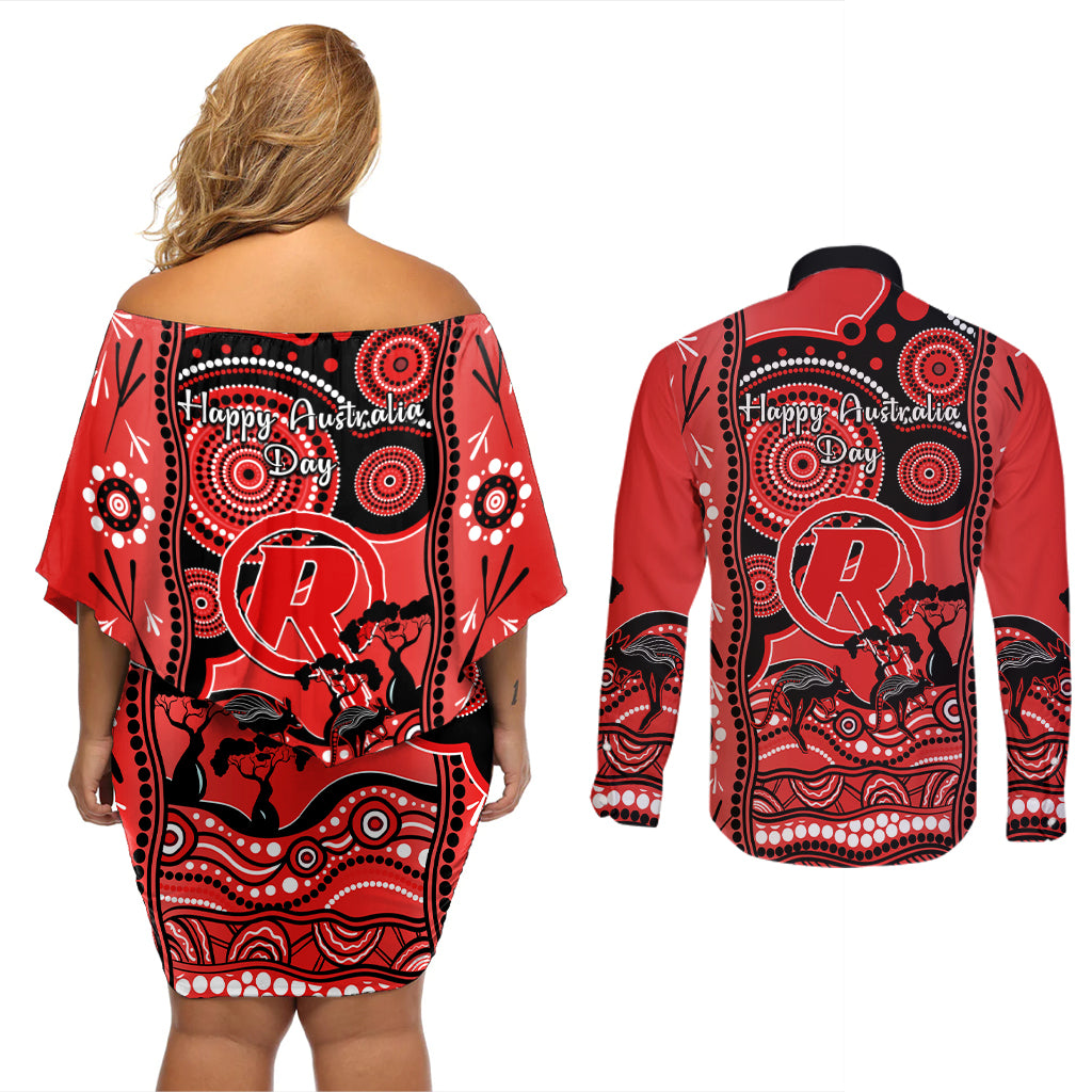 melbourne-renegades-cricket-couples-matching-off-shoulder-short-dress-and-long-sleeve-button-shirt-happy-australia-day-aboriginal-art