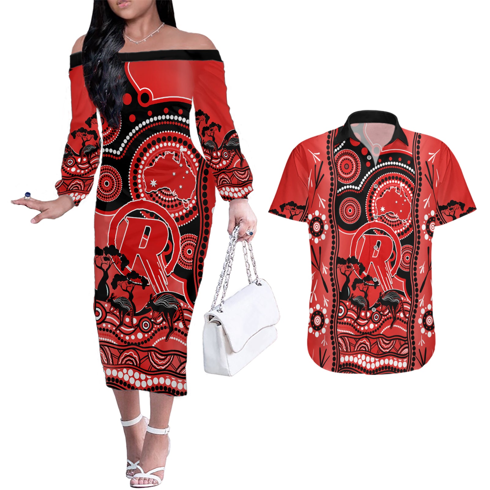 melbourne-renegades-cricket-couples-matching-off-the-shoulder-long-sleeve-dress-and-hawaiian-shirt-happy-australia-day-aboriginal-art