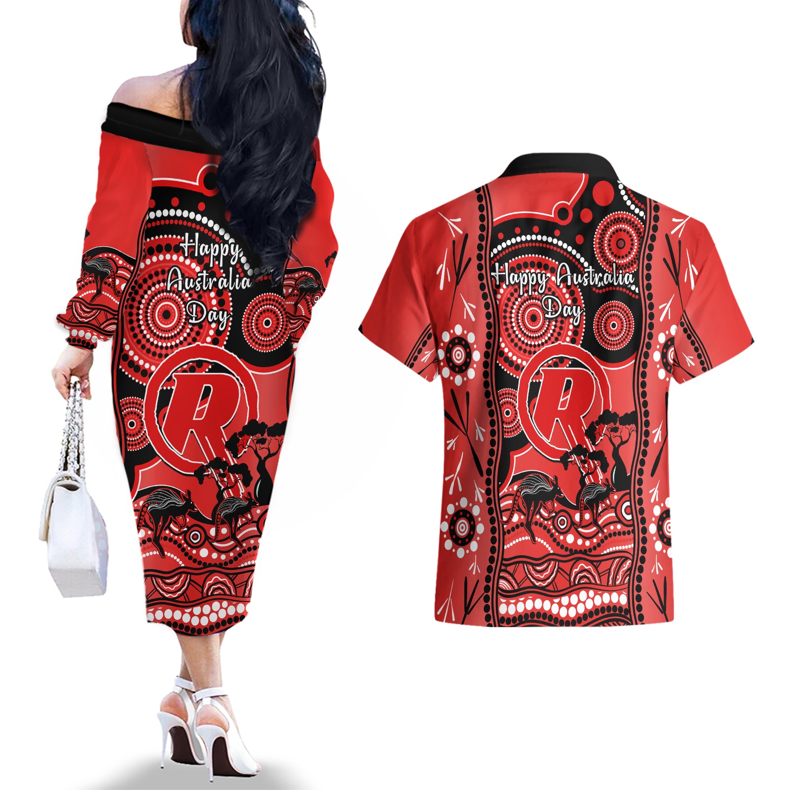 melbourne-renegades-cricket-couples-matching-off-the-shoulder-long-sleeve-dress-and-hawaiian-shirt-happy-australia-day-aboriginal-art