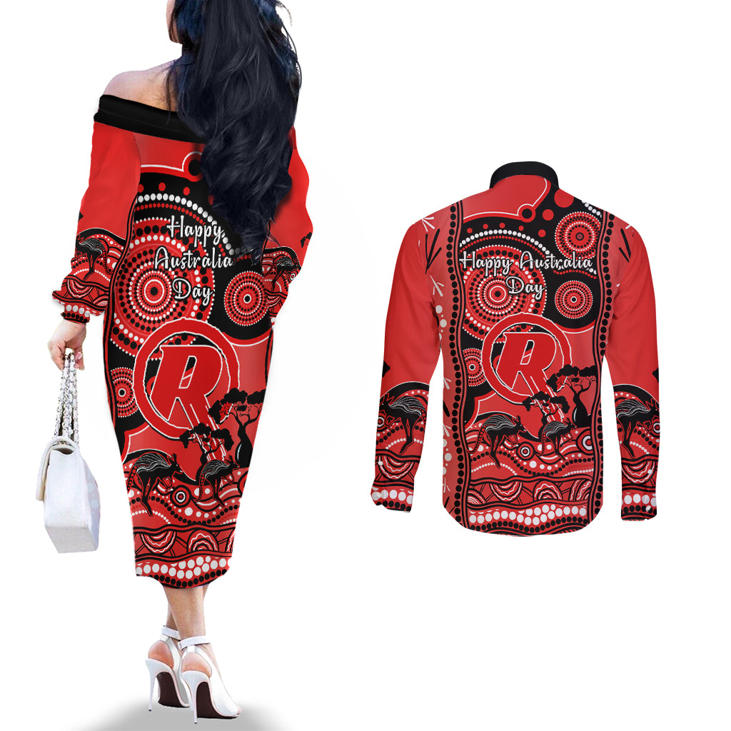 melbourne-renegades-cricket-couples-matching-off-the-shoulder-long-sleeve-dress-and-long-sleeve-button-shirt-happy-australia-day-aboriginal-art