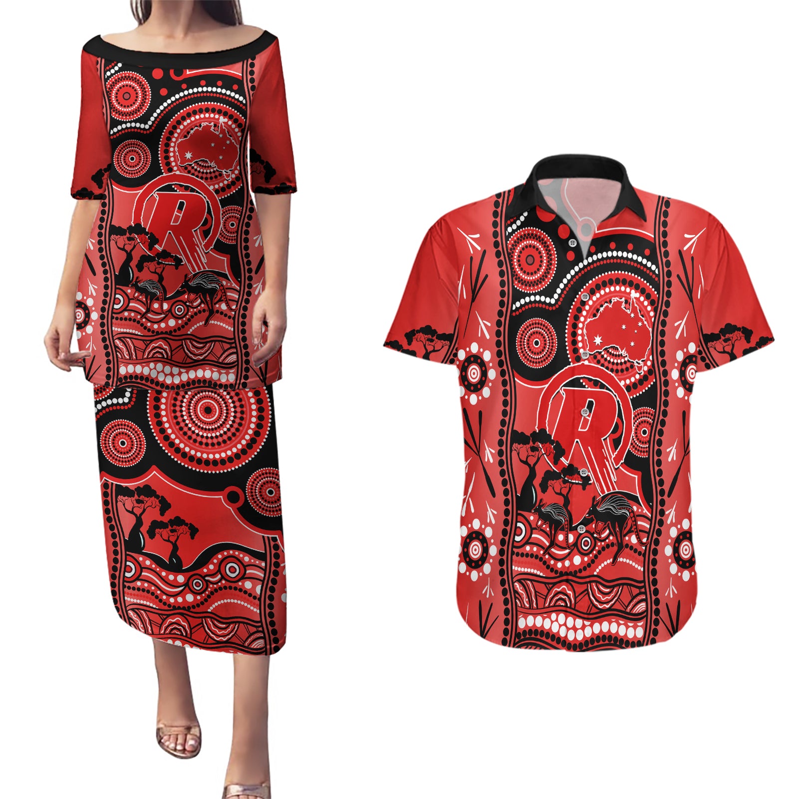 melbourne-renegades-cricket-couples-matching-puletasi-dress-and-hawaiian-shirt-happy-australia-day-aboriginal-art