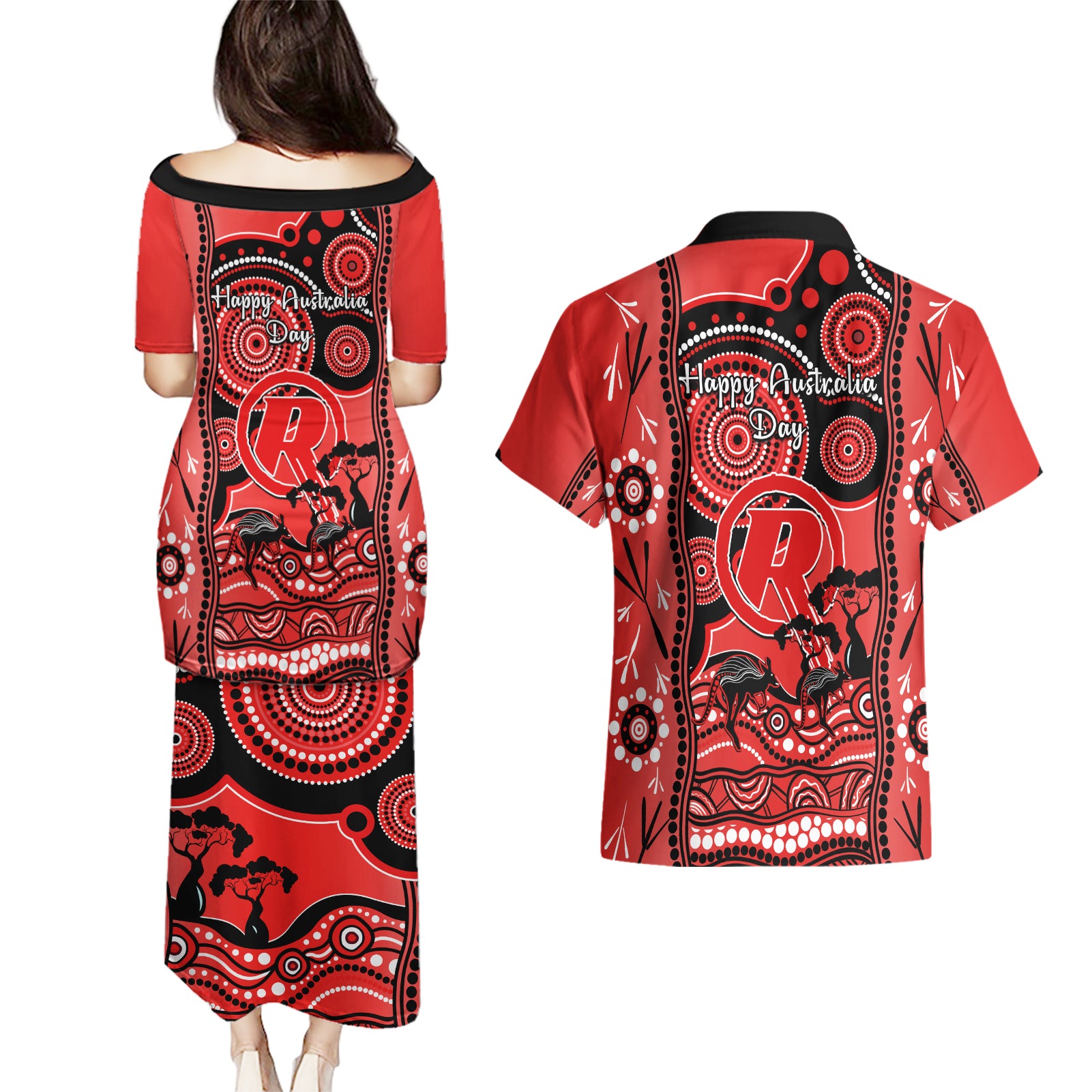 melbourne-renegades-cricket-couples-matching-puletasi-dress-and-hawaiian-shirt-happy-australia-day-aboriginal-art