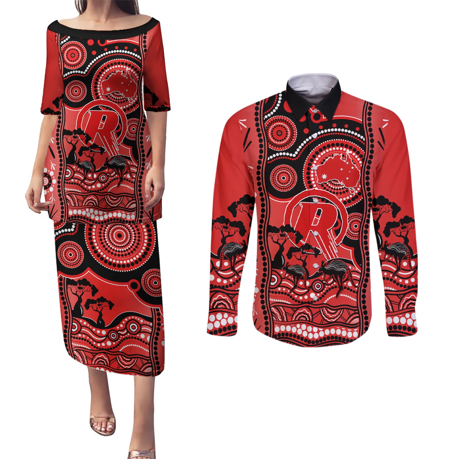 melbourne-renegades-cricket-couples-matching-puletasi-dress-and-long-sleeve-button-shirt-happy-australia-day-aboriginal-art