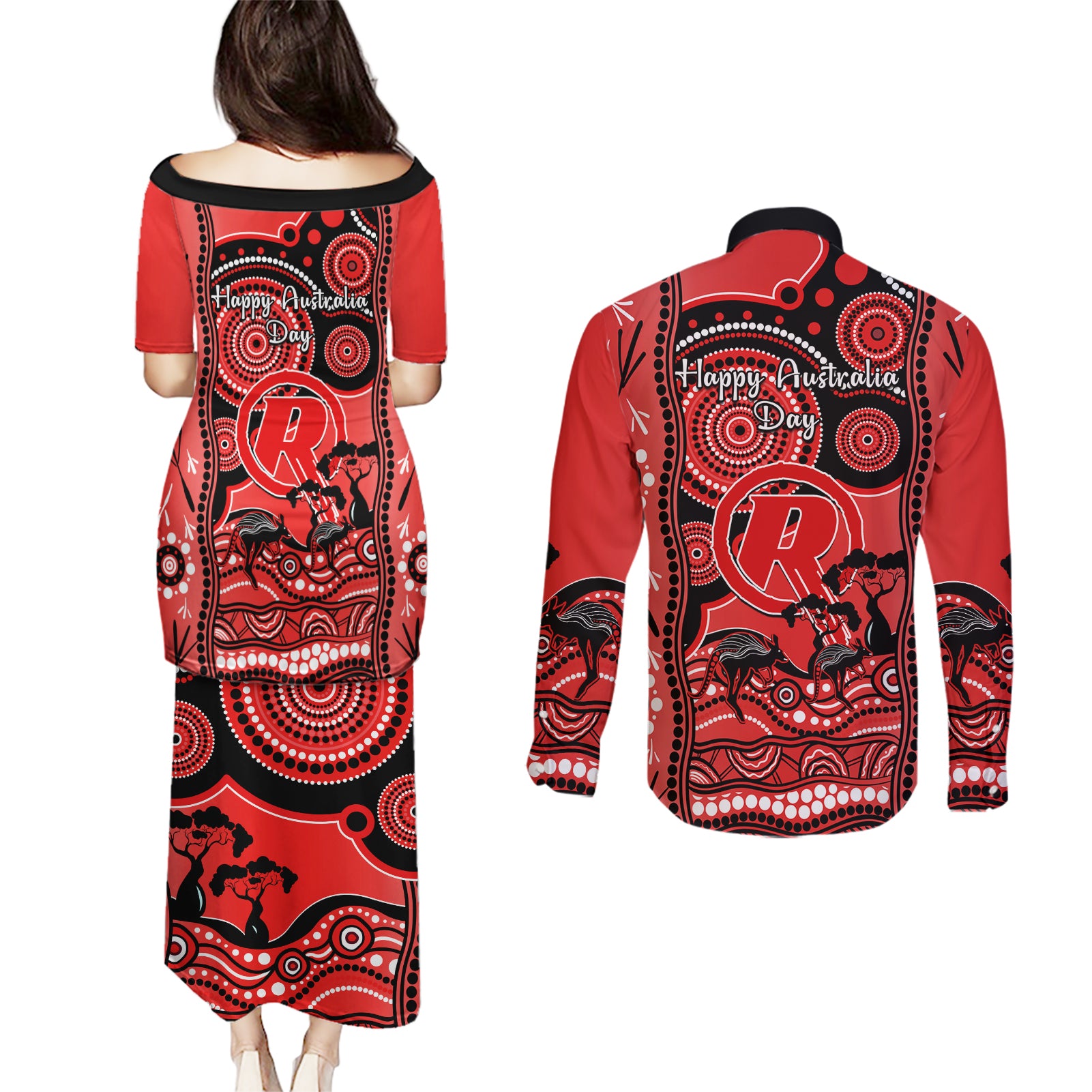 melbourne-renegades-cricket-couples-matching-puletasi-dress-and-long-sleeve-button-shirt-happy-australia-day-aboriginal-art