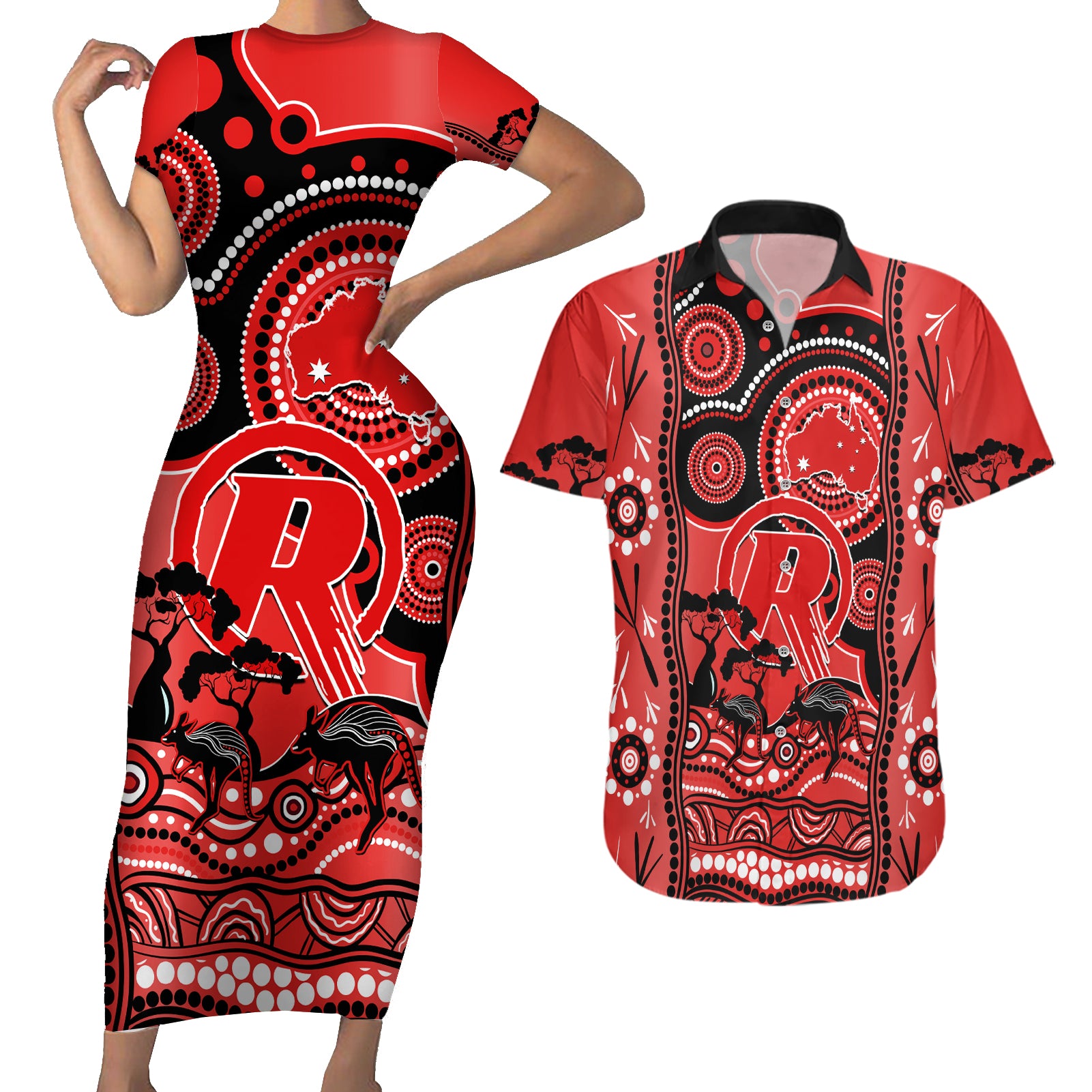 melbourne-renegades-cricket-couples-matching-short-sleeve-bodycon-dress-and-hawaiian-shirt-happy-australia-day-aboriginal-art