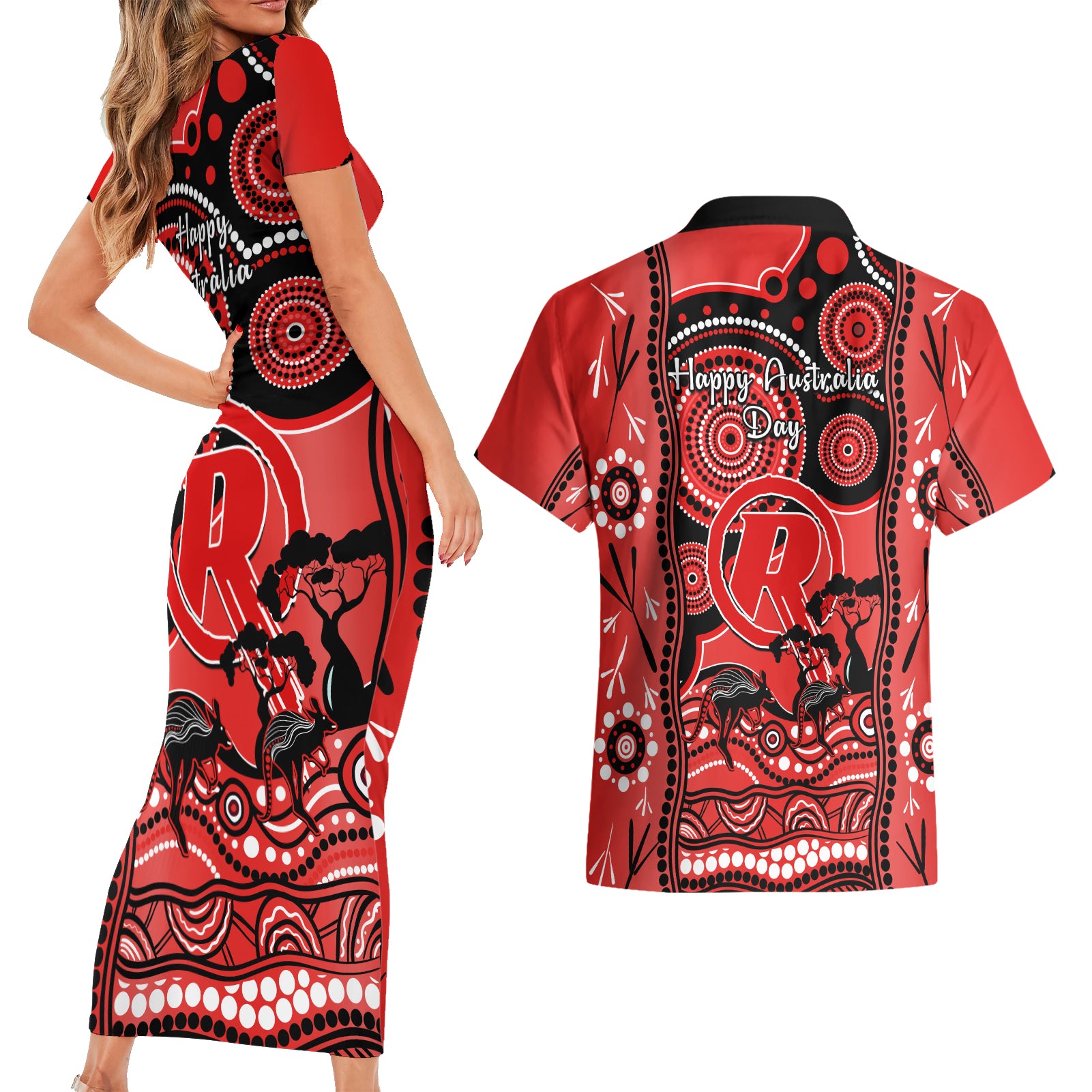 melbourne-renegades-cricket-couples-matching-short-sleeve-bodycon-dress-and-hawaiian-shirt-happy-australia-day-aboriginal-art