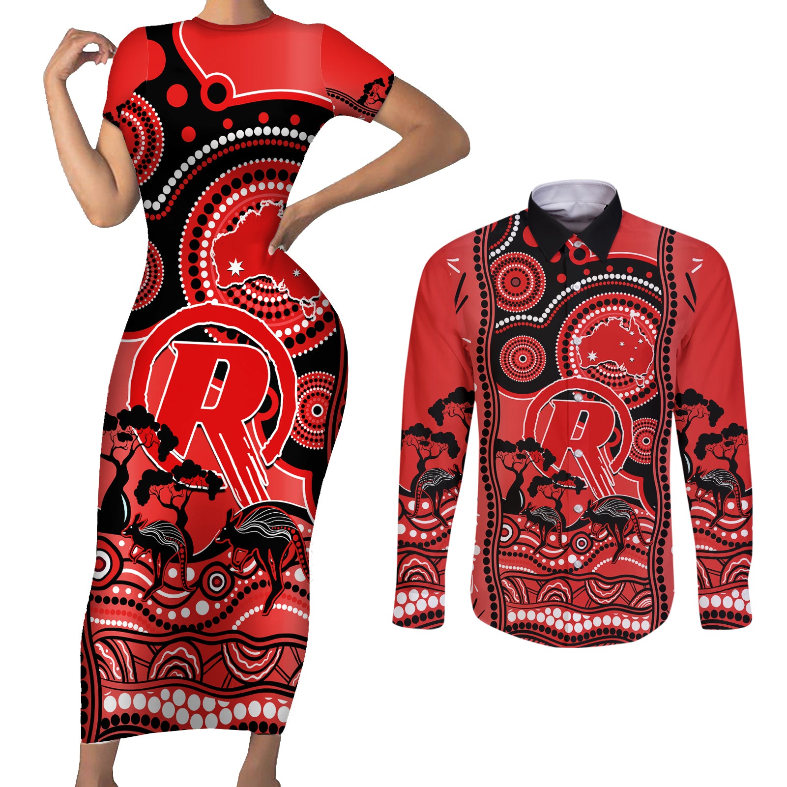 melbourne-renegades-cricket-couples-matching-short-sleeve-bodycon-dress-and-long-sleeve-button-shirt-happy-australia-day-aboriginal-art