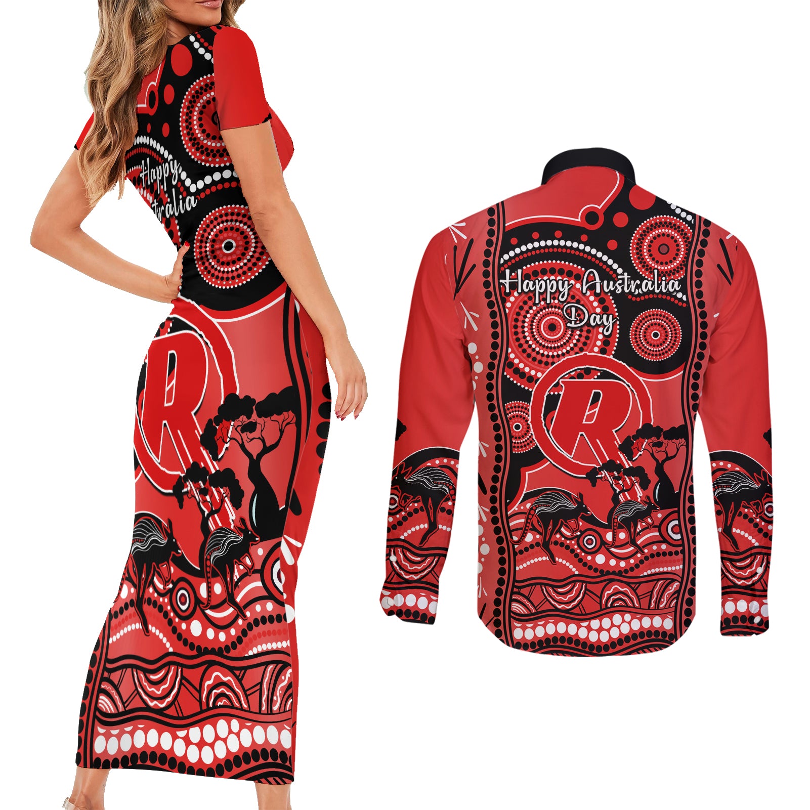 melbourne-renegades-cricket-couples-matching-short-sleeve-bodycon-dress-and-long-sleeve-button-shirt-happy-australia-day-aboriginal-art