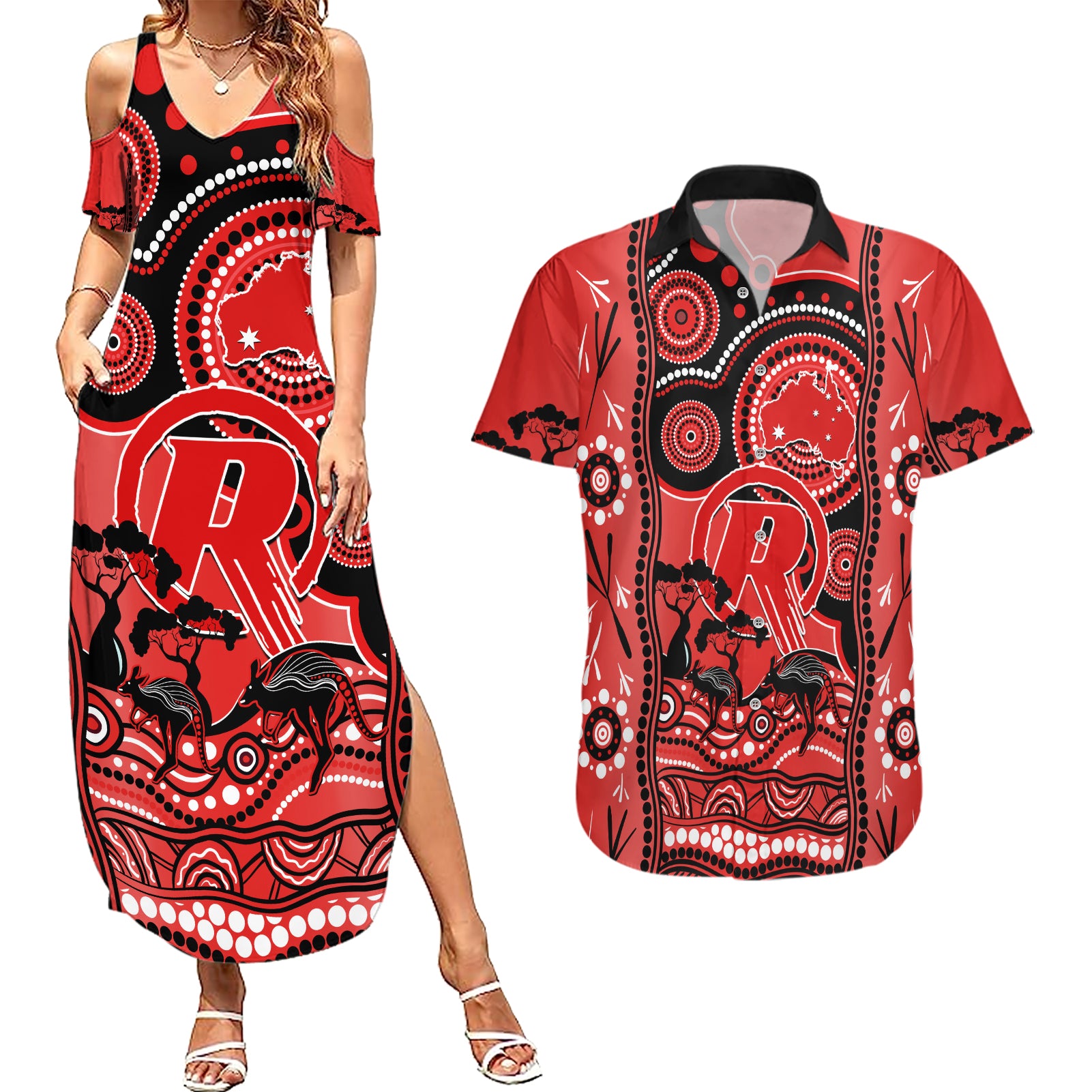 melbourne-renegades-cricket-couples-matching-summer-maxi-dress-and-hawaiian-shirt-happy-australia-day-aboriginal-art