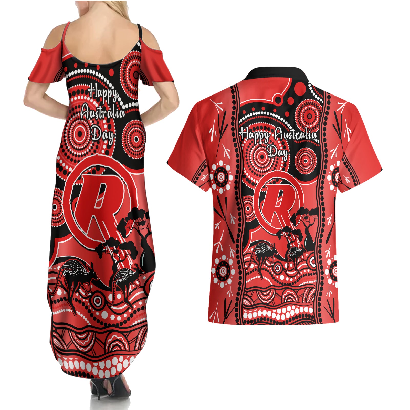 melbourne-renegades-cricket-couples-matching-summer-maxi-dress-and-hawaiian-shirt-happy-australia-day-aboriginal-art