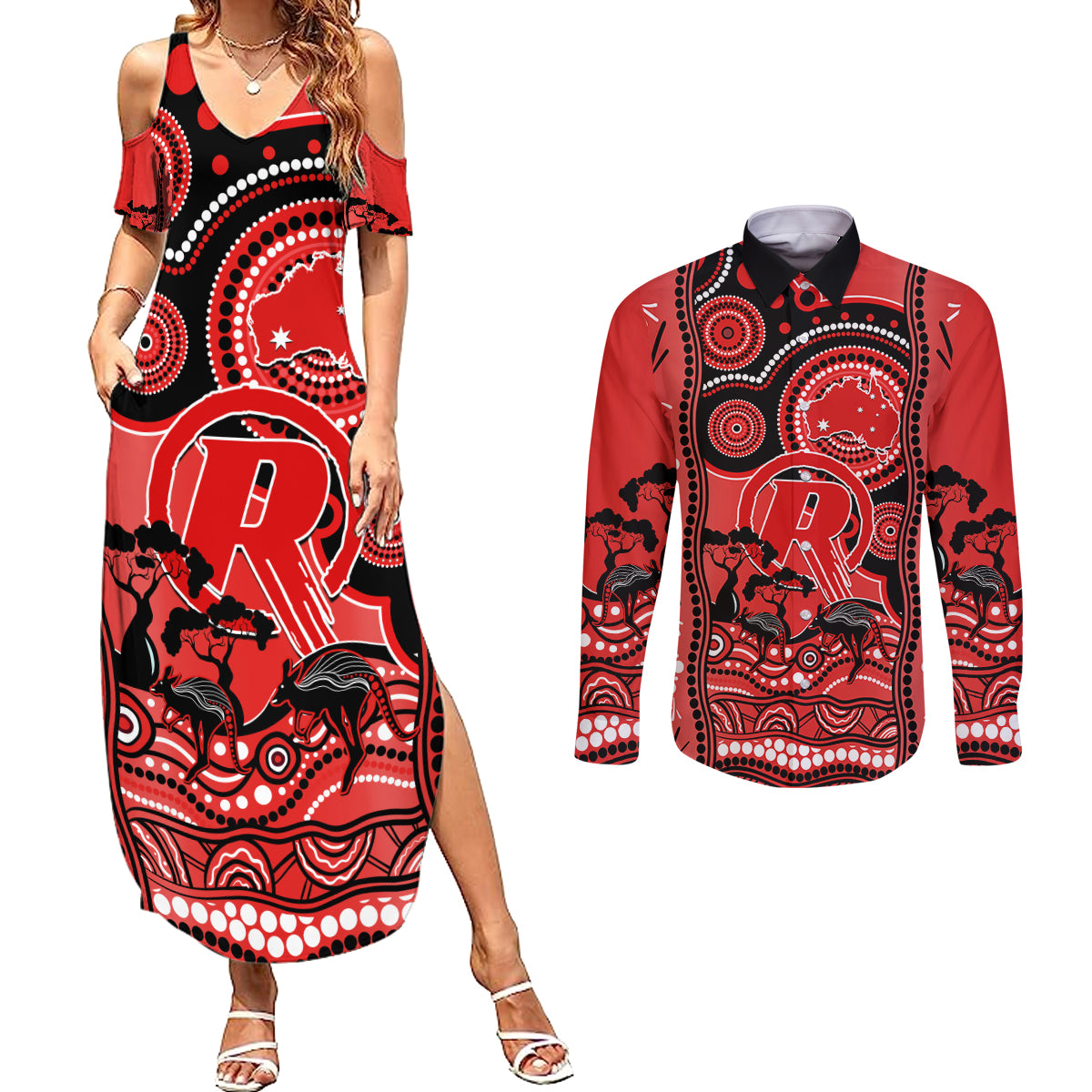 melbourne-renegades-cricket-couples-matching-summer-maxi-dress-and-long-sleeve-button-shirt-happy-australia-day-aboriginal-art