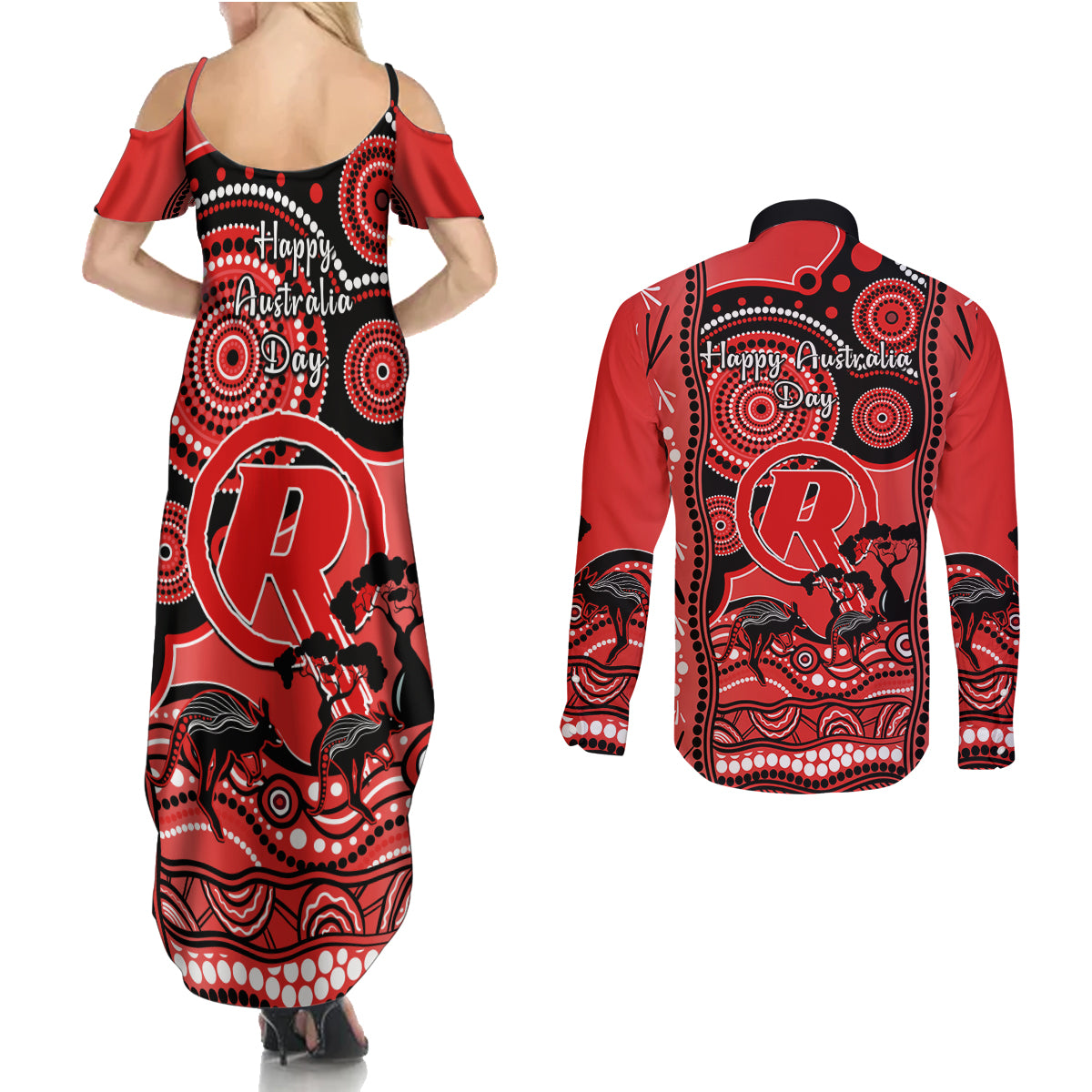 melbourne-renegades-cricket-couples-matching-summer-maxi-dress-and-long-sleeve-button-shirt-happy-australia-day-aboriginal-art