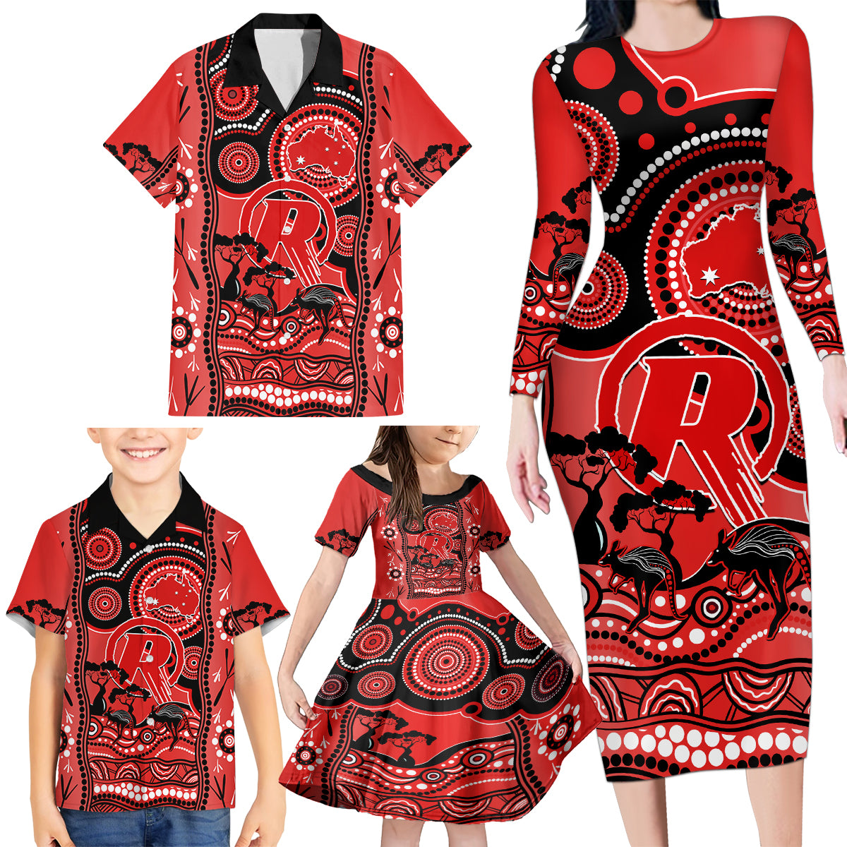 melbourne-renegades-cricket-family-matching-long-sleeve-bodycon-dress-and-hawaiian-shirt-happy-australia-day-aboriginal-art