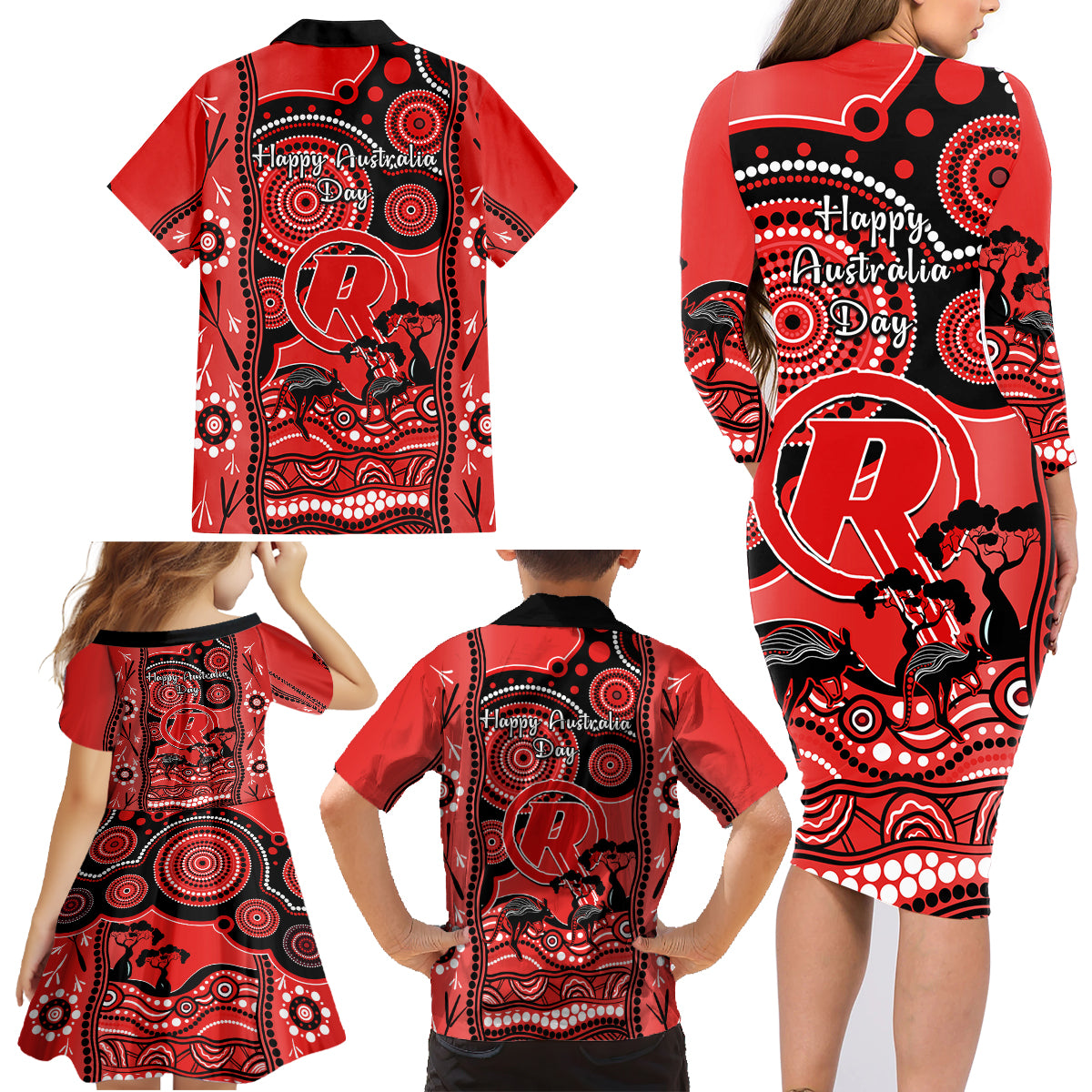 melbourne-renegades-cricket-family-matching-long-sleeve-bodycon-dress-and-hawaiian-shirt-happy-australia-day-aboriginal-art