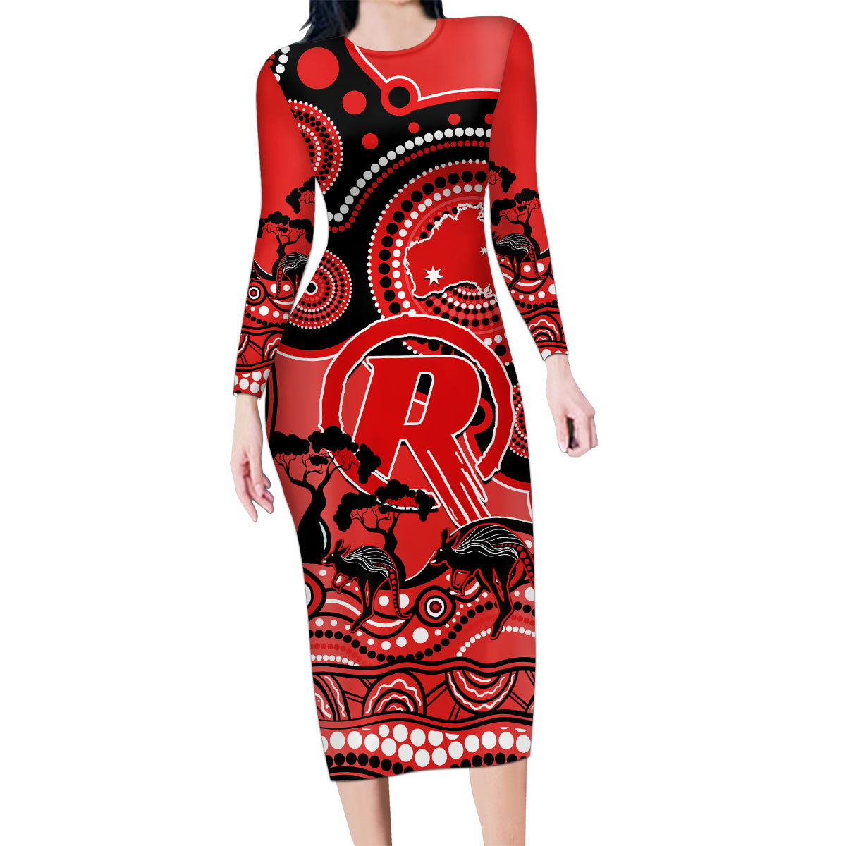 melbourne-renegades-cricket-family-matching-long-sleeve-bodycon-dress-and-hawaiian-shirt-happy-australia-day-aboriginal-art