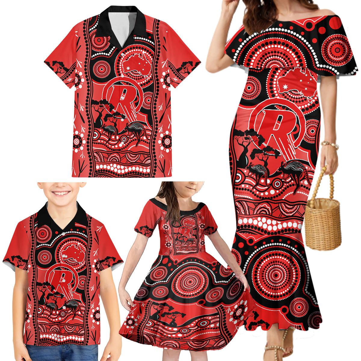 melbourne-renegades-cricket-family-matching-mermaid-dress-and-hawaiian-shirt-happy-australia-day-aboriginal-art