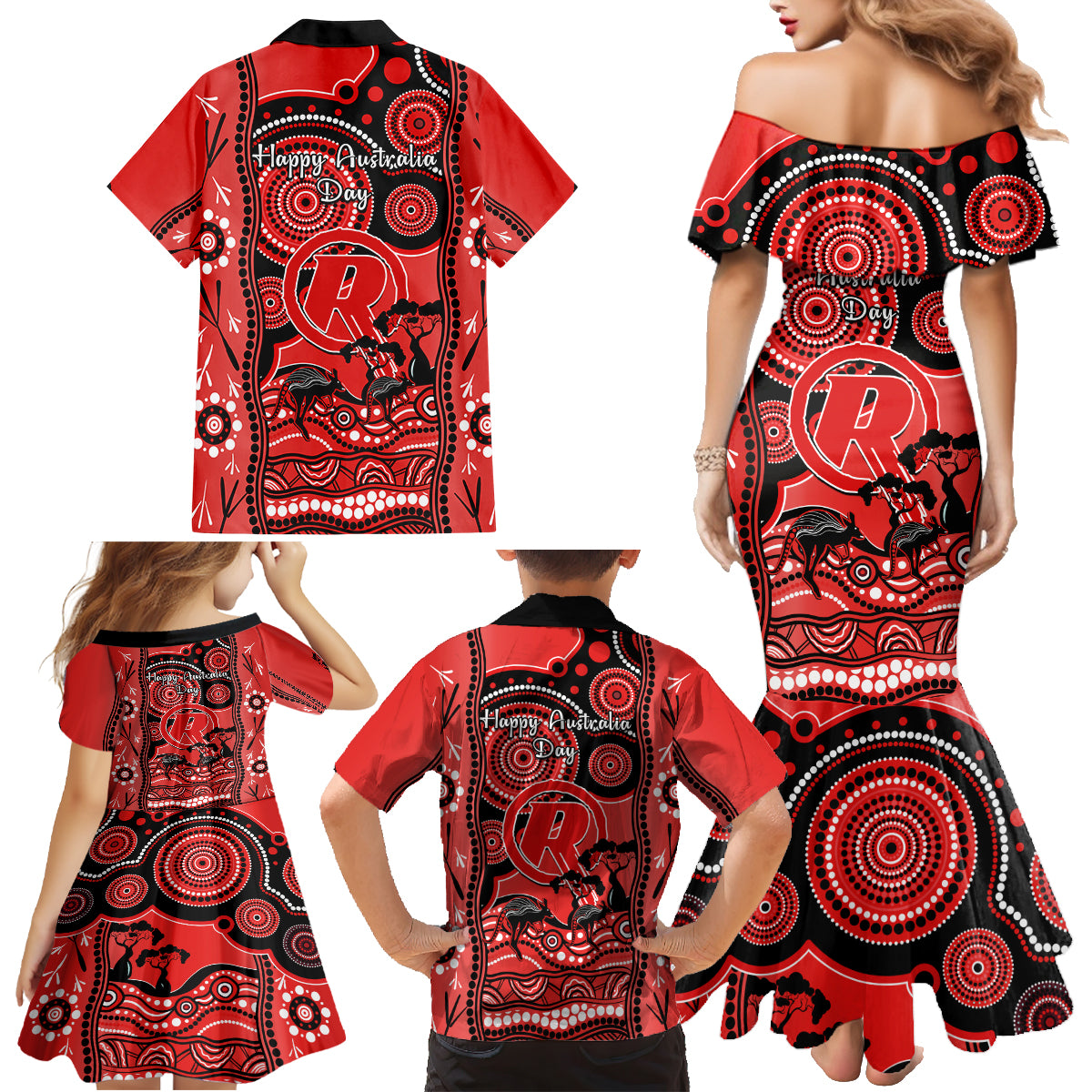 melbourne-renegades-cricket-family-matching-mermaid-dress-and-hawaiian-shirt-happy-australia-day-aboriginal-art