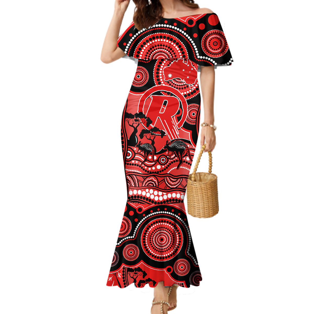 melbourne-renegades-cricket-family-matching-mermaid-dress-and-hawaiian-shirt-happy-australia-day-aboriginal-art