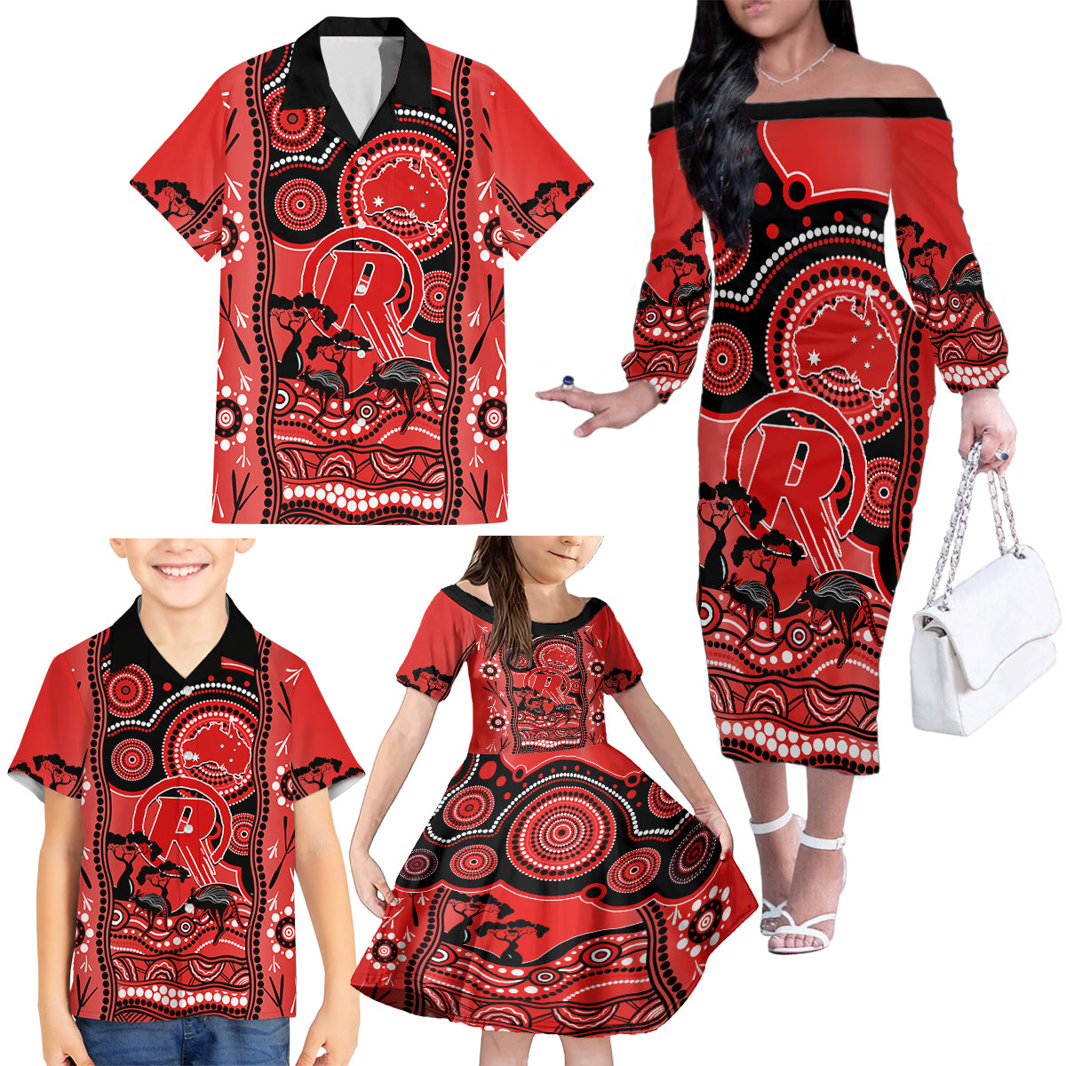 melbourne-renegades-cricket-family-matching-off-shoulder-long-sleeve-dress-and-hawaiian-shirt-happy-australia-day-aboriginal-art