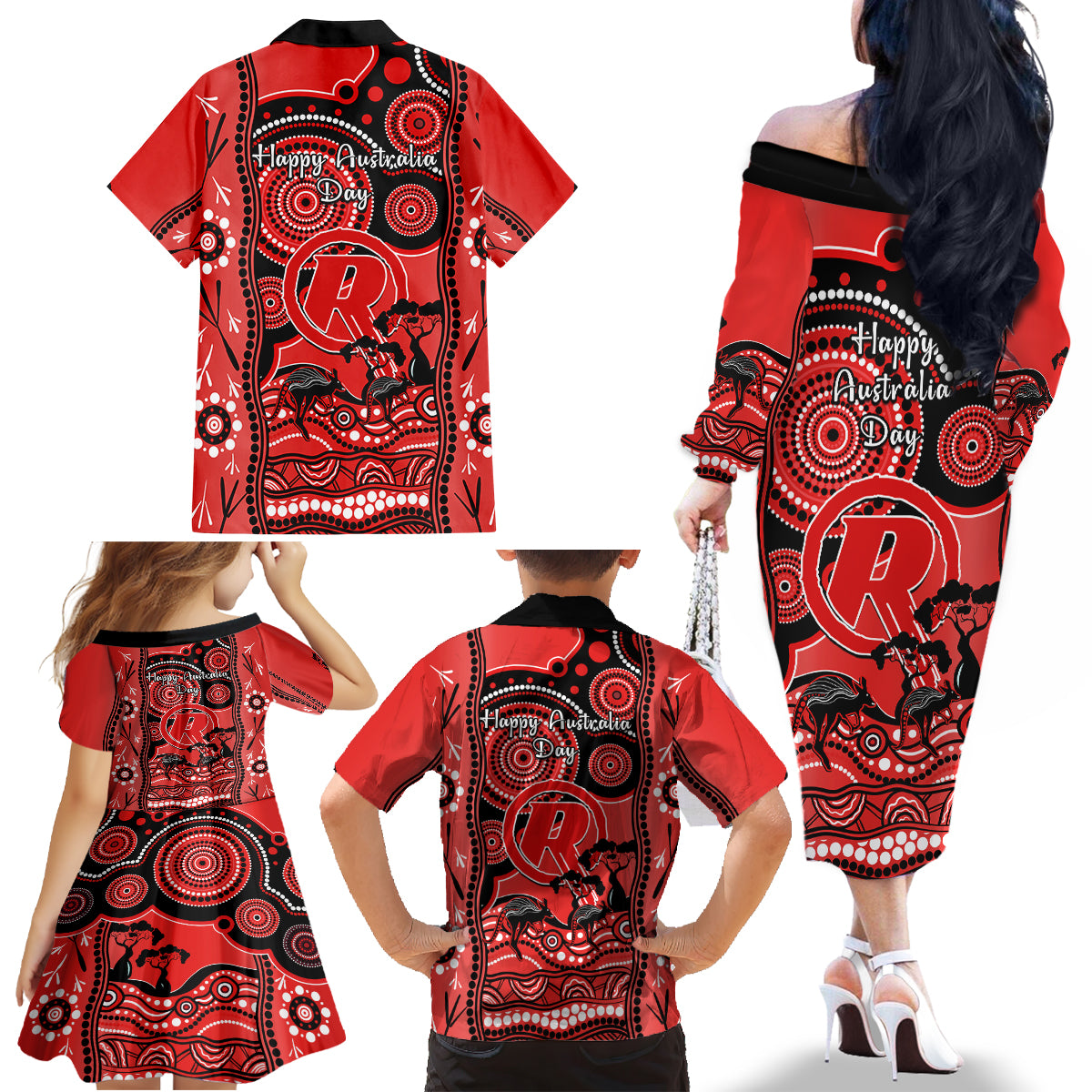 melbourne-renegades-cricket-family-matching-off-shoulder-long-sleeve-dress-and-hawaiian-shirt-happy-australia-day-aboriginal-art