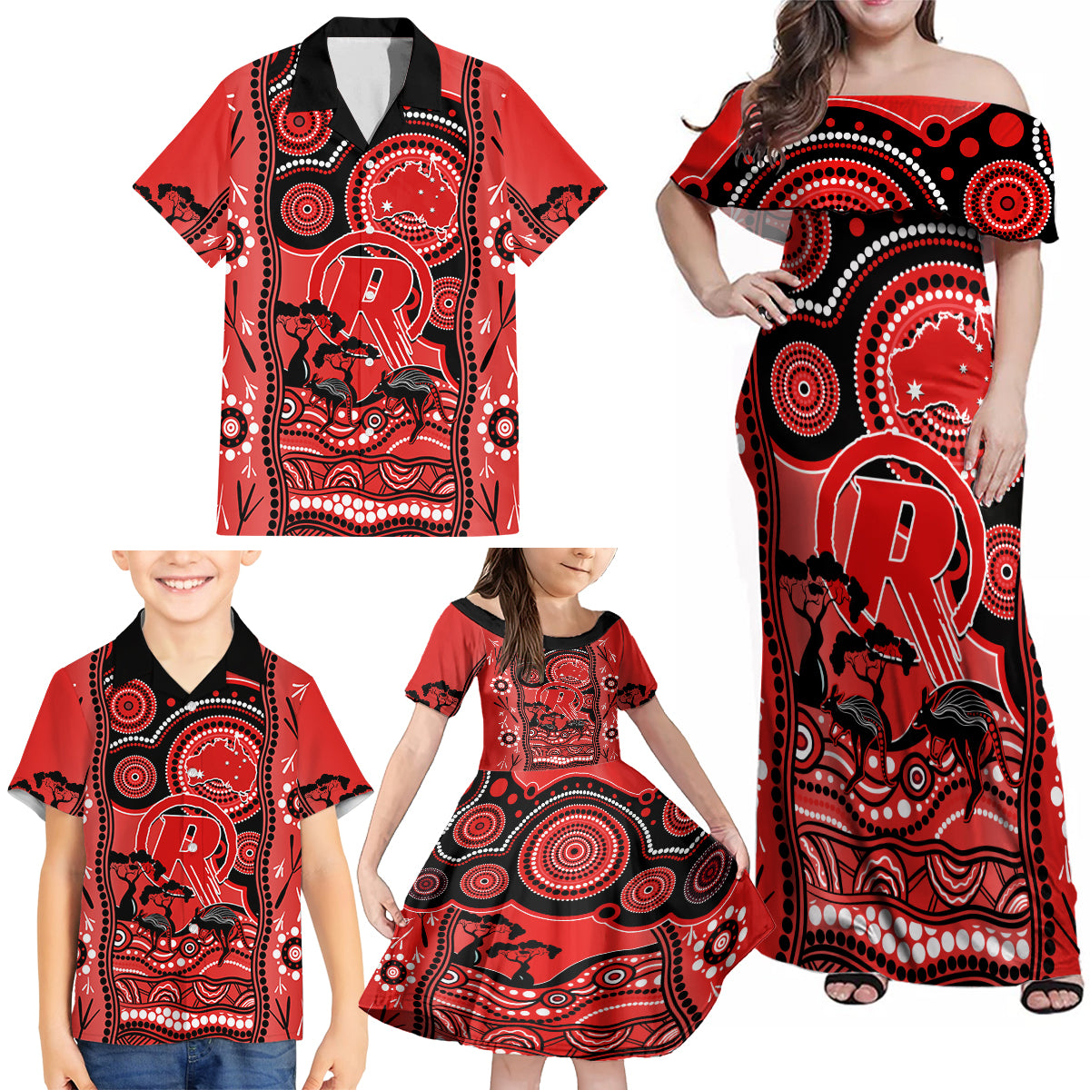 melbourne-renegades-cricket-family-matching-off-shoulder-maxi-dress-and-hawaiian-shirt-happy-australia-day-aboriginal-art