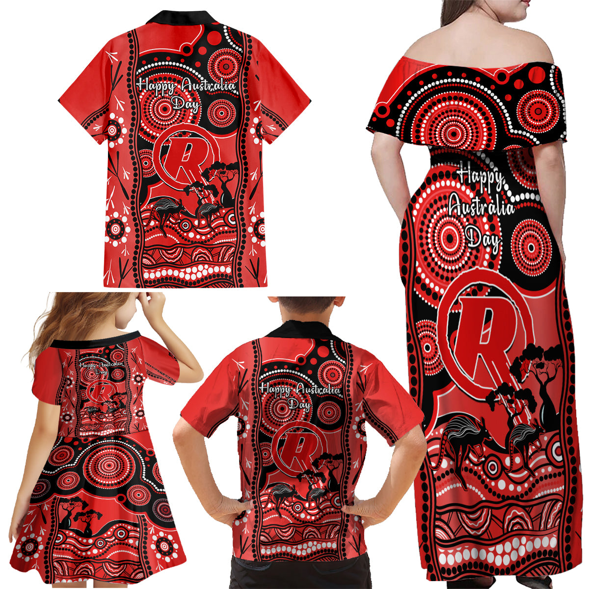 melbourne-renegades-cricket-family-matching-off-shoulder-maxi-dress-and-hawaiian-shirt-happy-australia-day-aboriginal-art