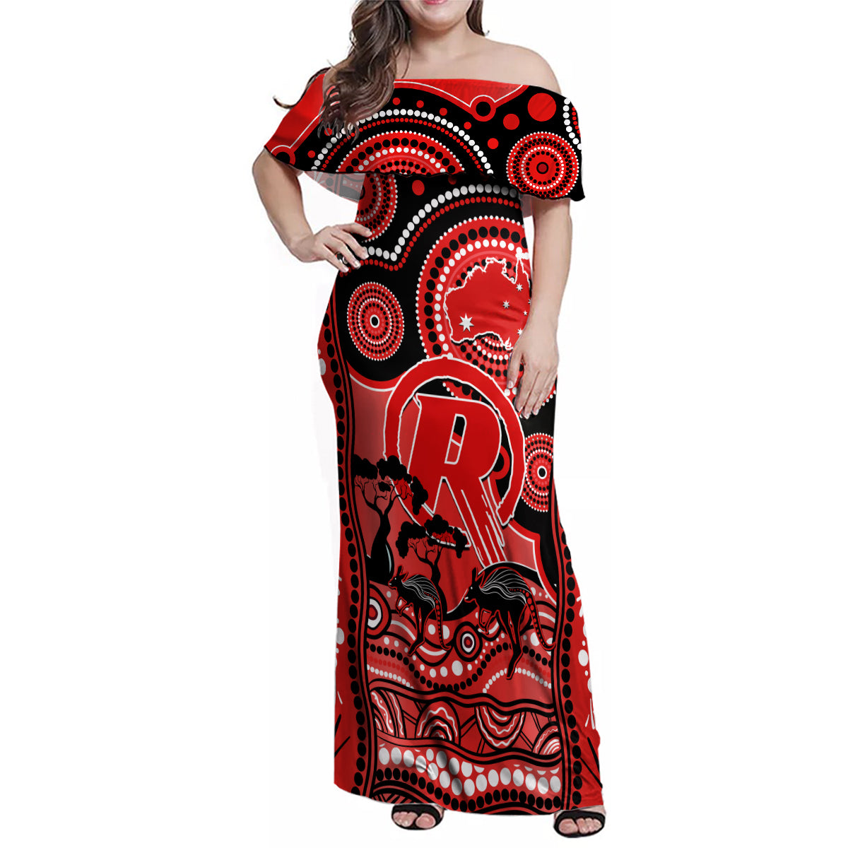 melbourne-renegades-cricket-family-matching-off-shoulder-maxi-dress-and-hawaiian-shirt-happy-australia-day-aboriginal-art