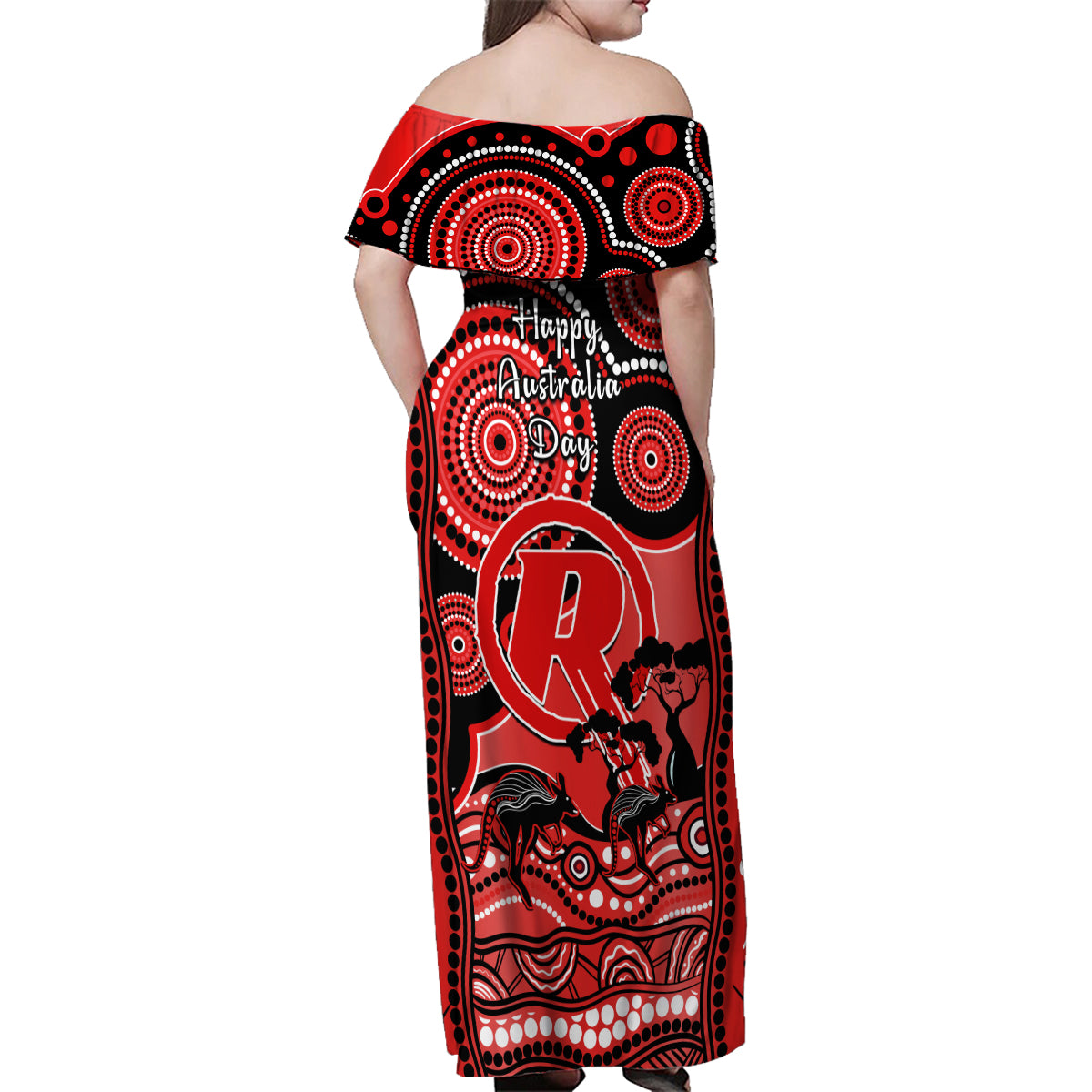 melbourne-renegades-cricket-family-matching-off-shoulder-maxi-dress-and-hawaiian-shirt-happy-australia-day-aboriginal-art