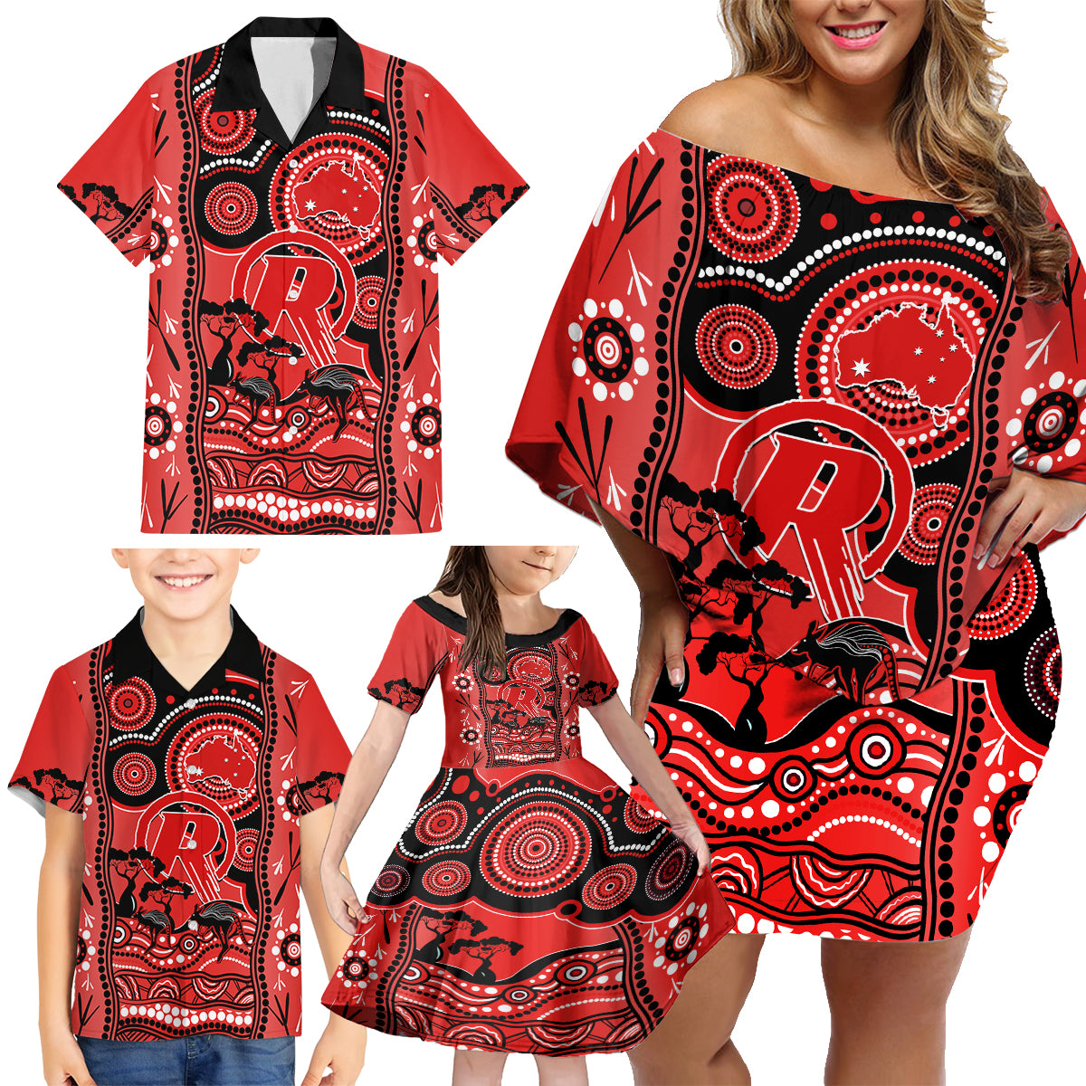 melbourne-renegades-cricket-family-matching-off-shoulder-short-dress-and-hawaiian-shirt-happy-australia-day-aboriginal-art