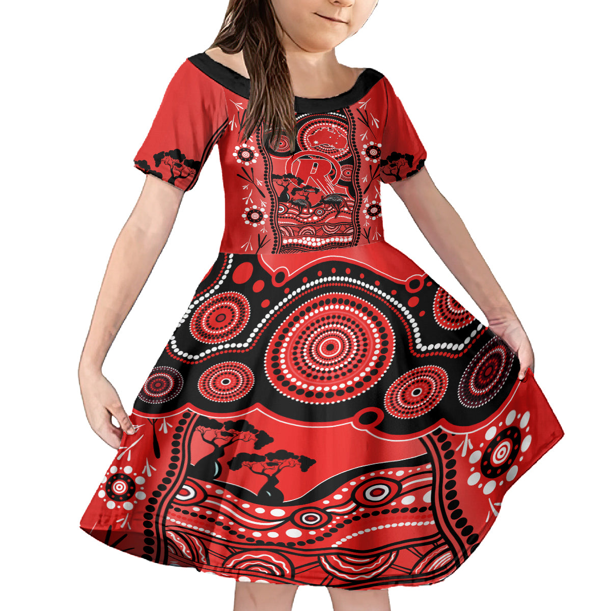 melbourne-renegades-cricket-family-matching-off-shoulder-short-dress-and-hawaiian-shirt-happy-australia-day-aboriginal-art