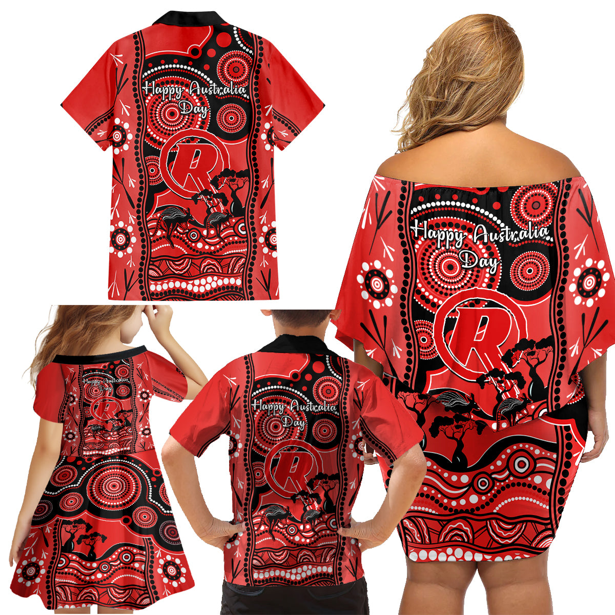 melbourne-renegades-cricket-family-matching-off-shoulder-short-dress-and-hawaiian-shirt-happy-australia-day-aboriginal-art