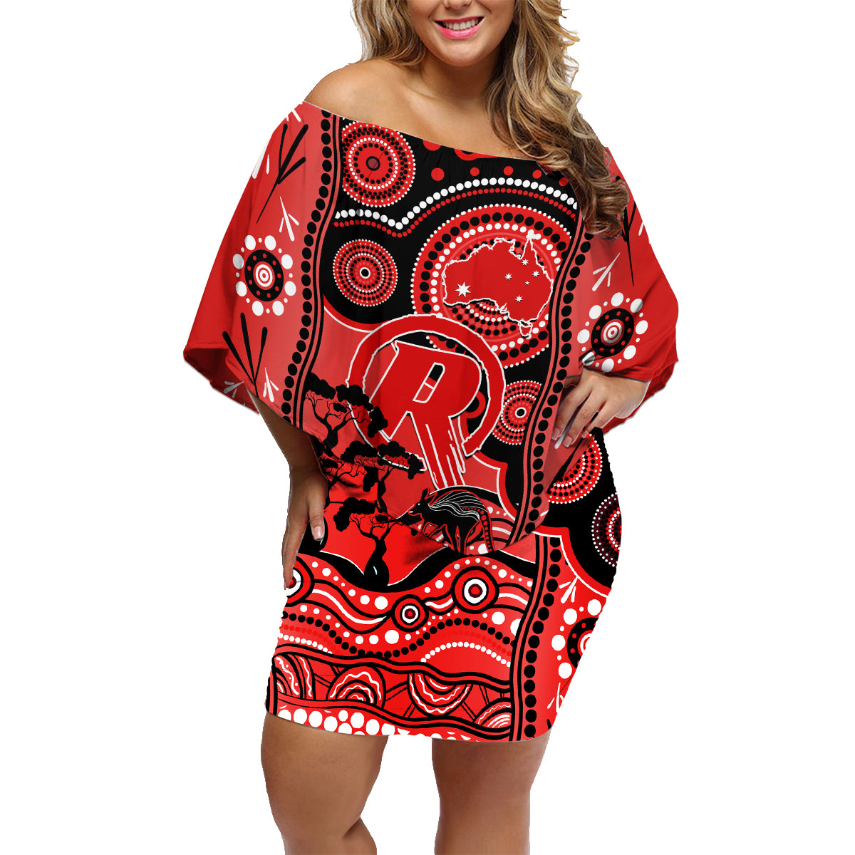 melbourne-renegades-cricket-family-matching-off-shoulder-short-dress-and-hawaiian-shirt-happy-australia-day-aboriginal-art