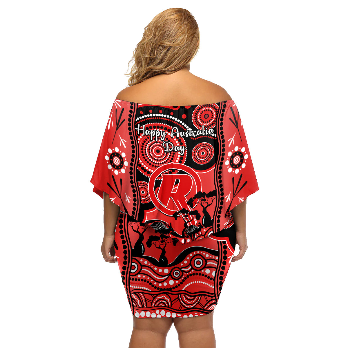 melbourne-renegades-cricket-family-matching-off-shoulder-short-dress-and-hawaiian-shirt-happy-australia-day-aboriginal-art