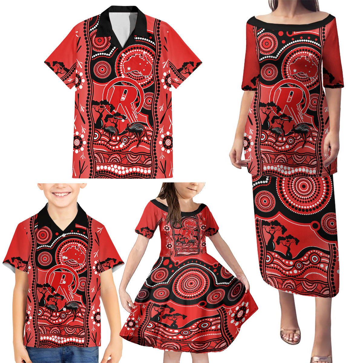 melbourne-renegades-cricket-family-matching-puletasi-dress-and-hawaiian-shirt-happy-australia-day-aboriginal-art