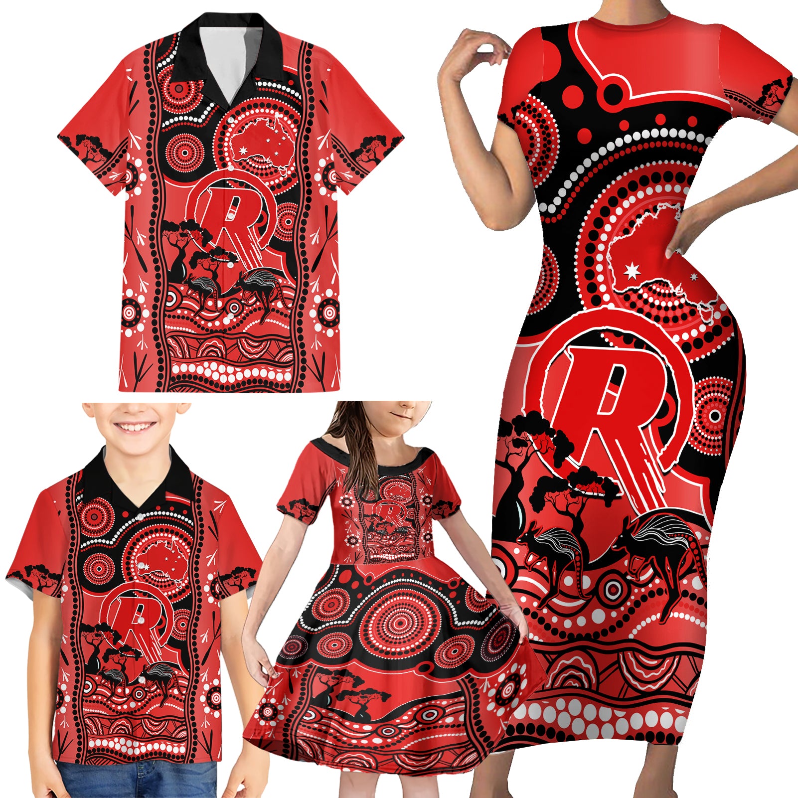 melbourne-renegades-cricket-family-matching-short-sleeve-bodycon-dress-and-hawaiian-shirt-happy-australia-day-aboriginal-art