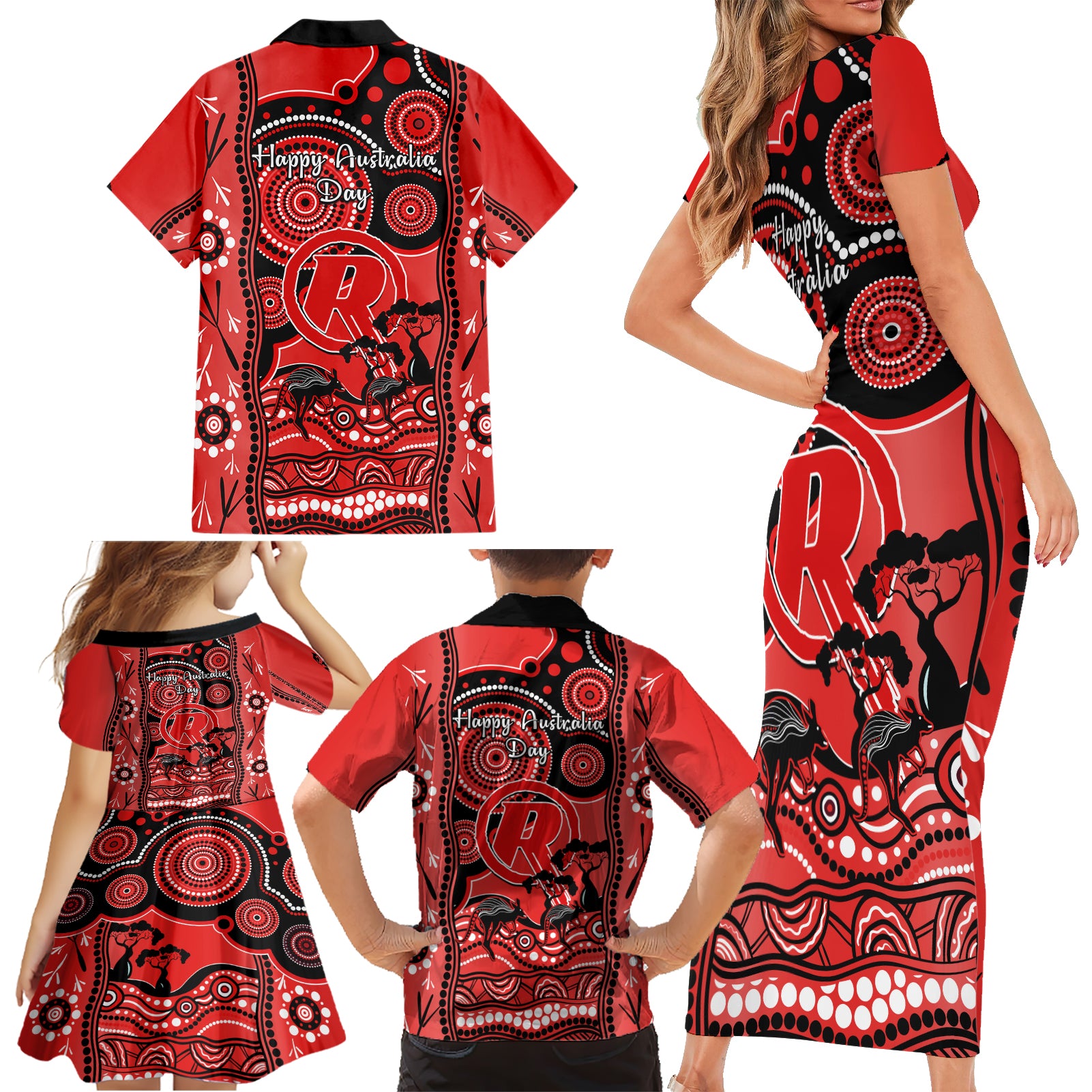 melbourne-renegades-cricket-family-matching-short-sleeve-bodycon-dress-and-hawaiian-shirt-happy-australia-day-aboriginal-art