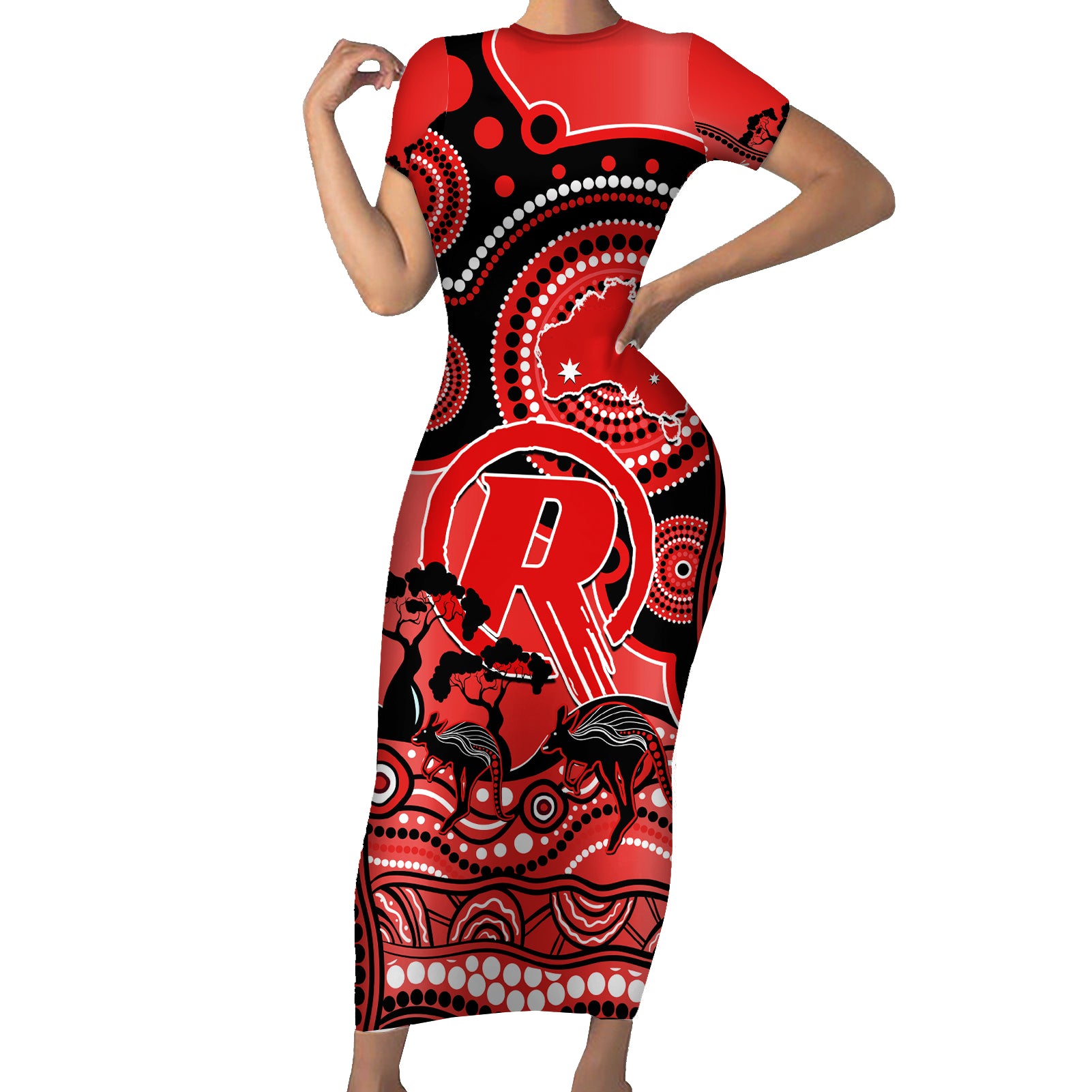 melbourne-renegades-cricket-family-matching-short-sleeve-bodycon-dress-and-hawaiian-shirt-happy-australia-day-aboriginal-art