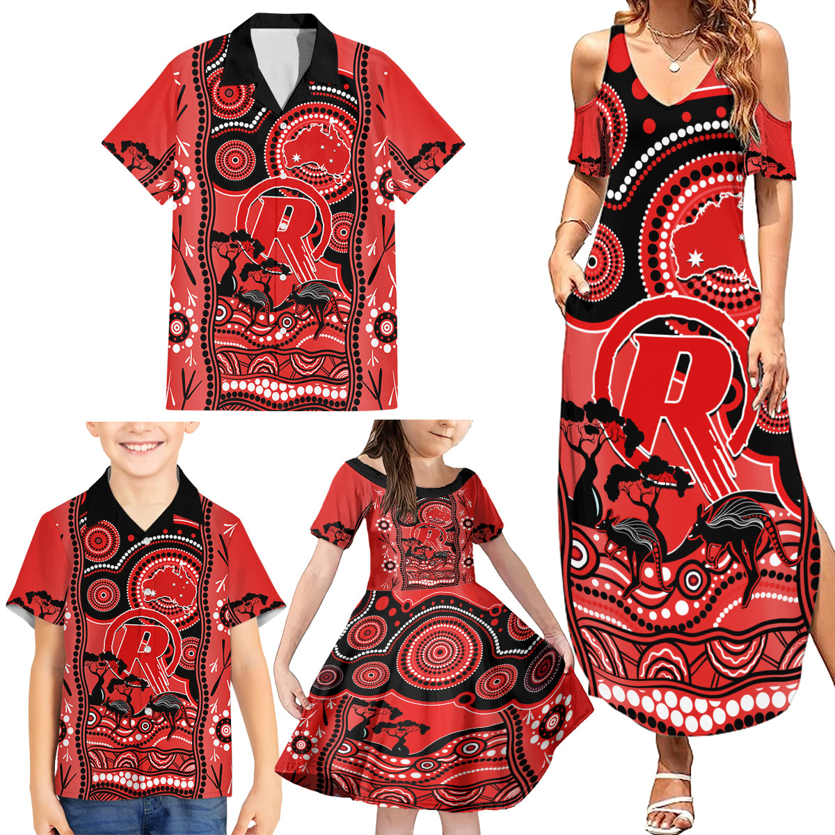 melbourne-renegades-cricket-family-matching-summer-maxi-dress-and-hawaiian-shirt-happy-australia-day-aboriginal-art