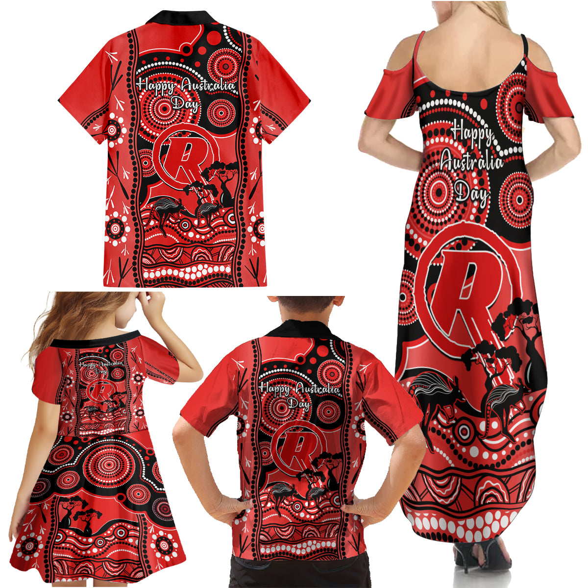 melbourne-renegades-cricket-family-matching-summer-maxi-dress-and-hawaiian-shirt-happy-australia-day-aboriginal-art