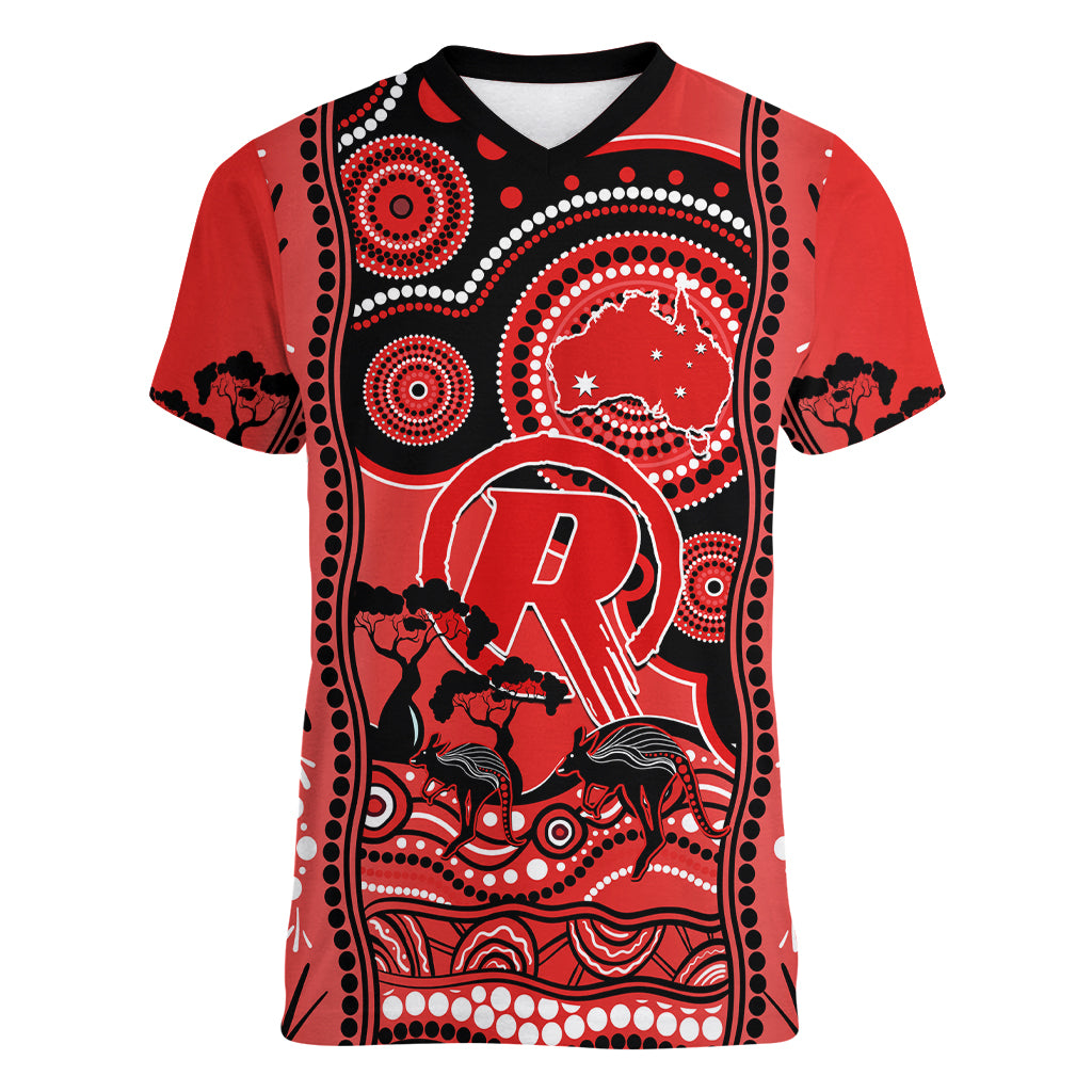 Melbourne Renegades Cricket Women V Neck T Shirt Happy Australia Day Aboriginal Art - Vibe Hoodie Shop