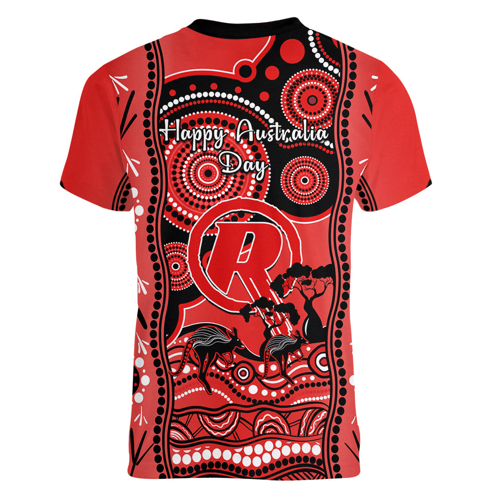 Melbourne Renegades Cricket Women V Neck T Shirt Happy Australia Day Aboriginal Art - Vibe Hoodie Shop