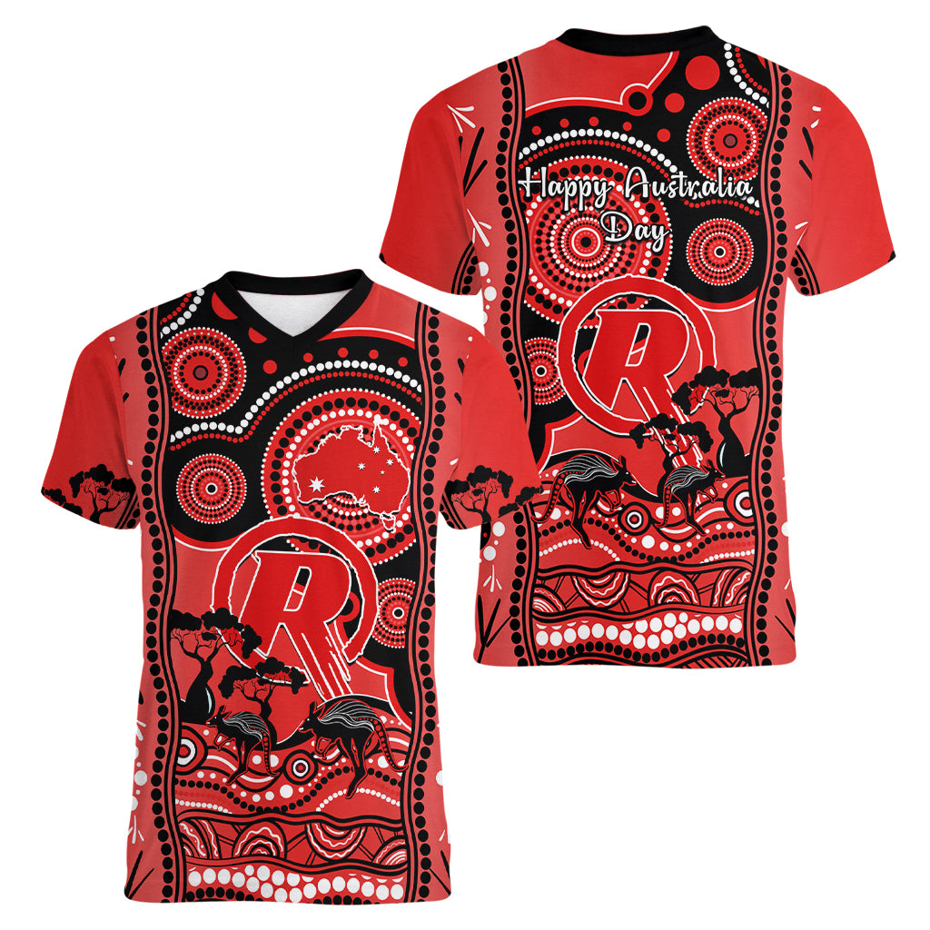 Melbourne Renegades Cricket Women V Neck T Shirt Happy Australia Day Aboriginal Art - Vibe Hoodie Shop