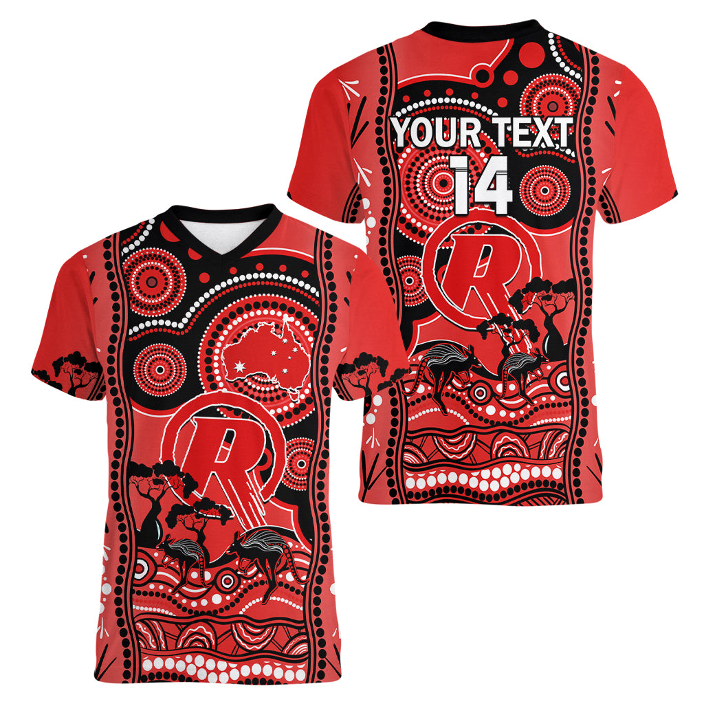 Custom Melbourne Renegades Cricket Women V Neck T Shirt Happy Australia Day Aboriginal Art - Vibe Hoodie Shop