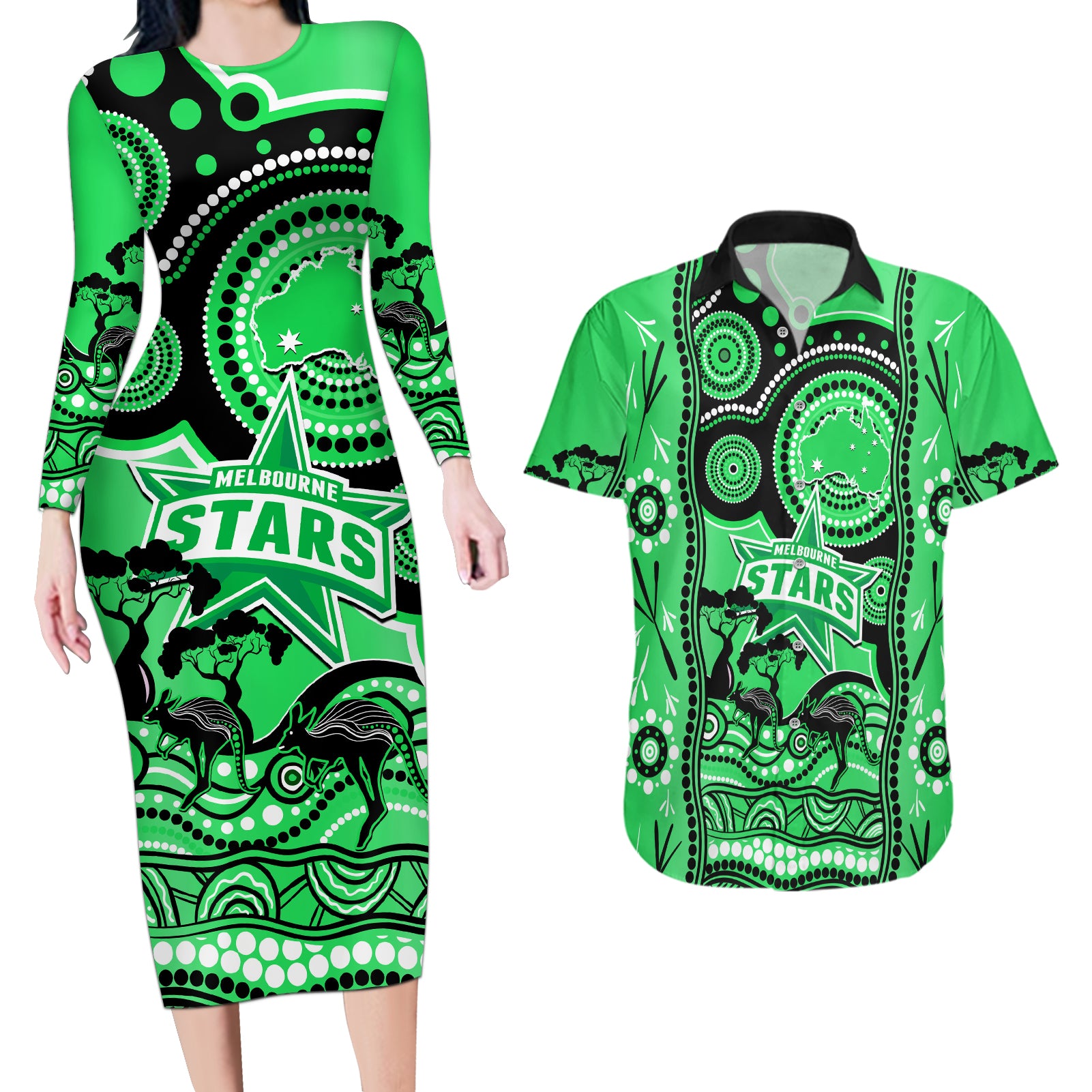 melbourne-stars-cricket-couples-matching-long-sleeve-bodycon-dress-and-hawaiian-shirt-happy-australia-day-aboriginal-art