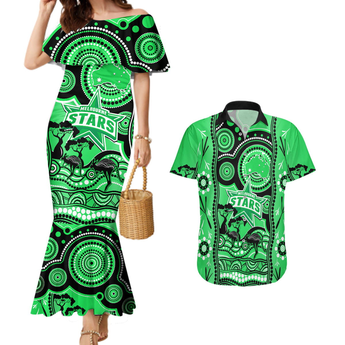 melbourne-stars-cricket-couples-matching-mermaid-dress-and-hawaiian-shirt-happy-australia-day-aboriginal-art