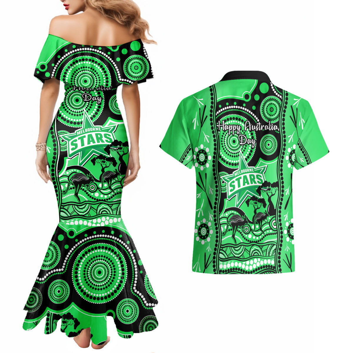 melbourne-stars-cricket-couples-matching-mermaid-dress-and-hawaiian-shirt-happy-australia-day-aboriginal-art