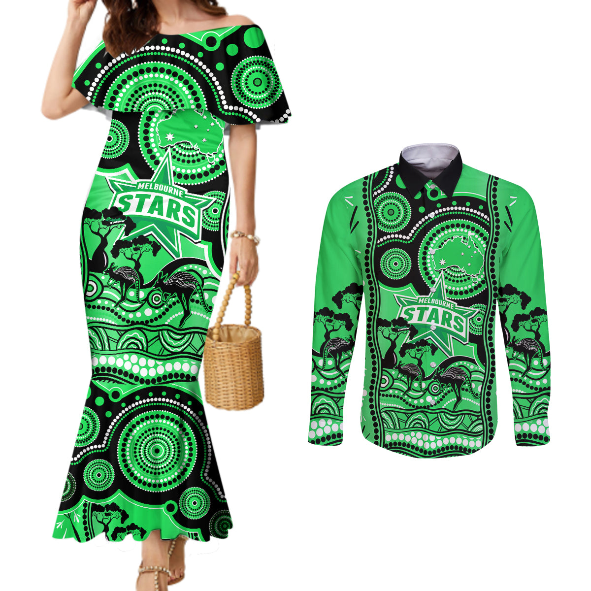 melbourne-stars-cricket-couples-matching-mermaid-dress-and-long-sleeve-button-shirt-happy-australia-day-aboriginal-art