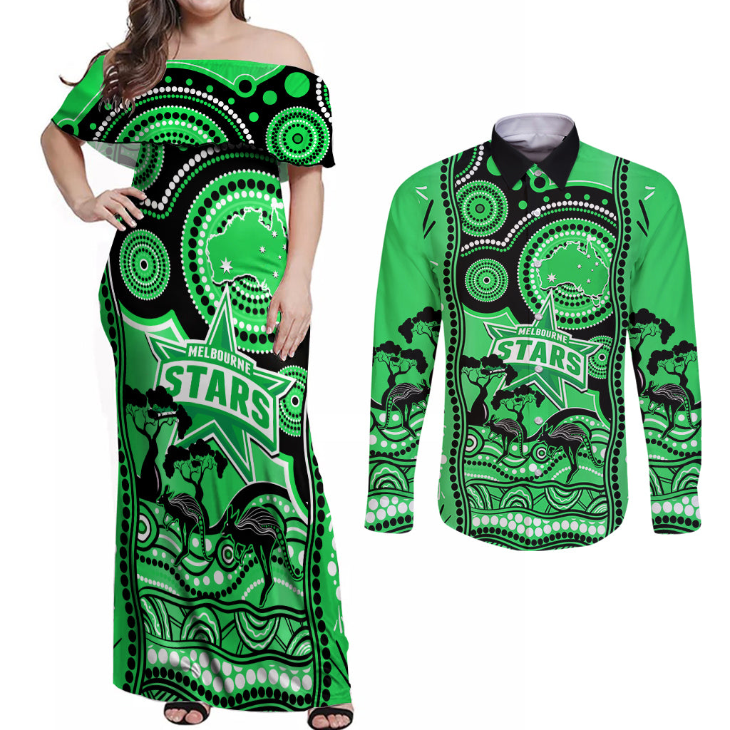 melbourne-stars-cricket-couples-matching-off-shoulder-maxi-dress-and-long-sleeve-button-shirt-happy-australia-day-aboriginal-art